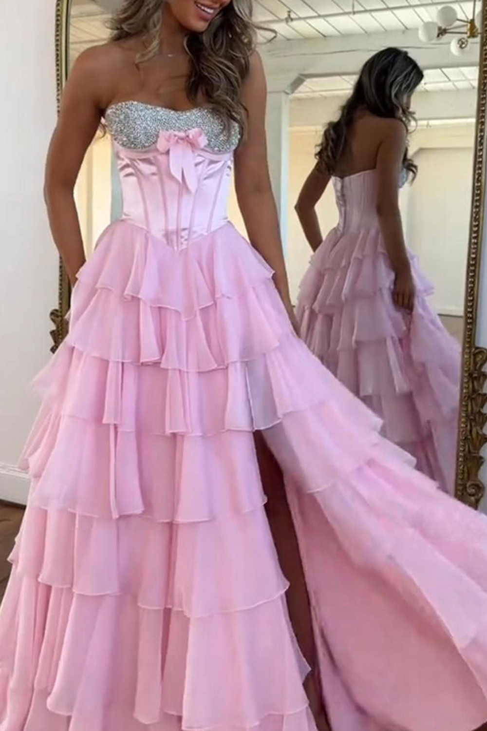 Sparkly Mint Corset Sequins Tiered Ruffled Long Prom Dress with Slit