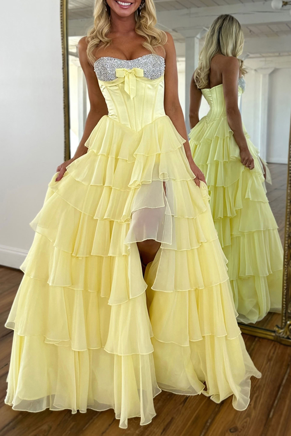 Sparkly Mint Corset Sequins Tiered Ruffled Long Prom Dress with Slit