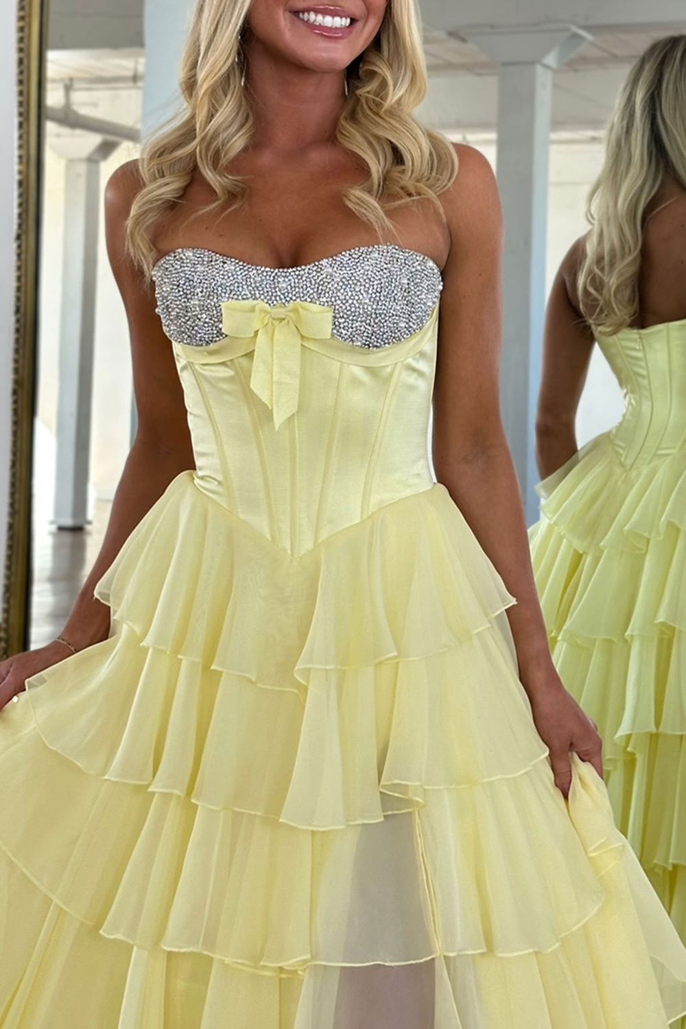 Sparkly Mint Corset Sequins Tiered Ruffled Long Prom Dress with Slit