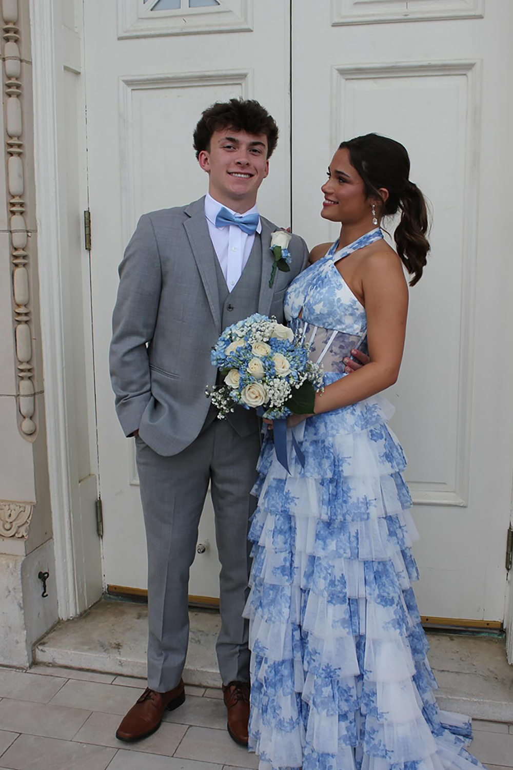 White Blue Flower Halter Corset Tiered Long Prom Dress with Ruffles