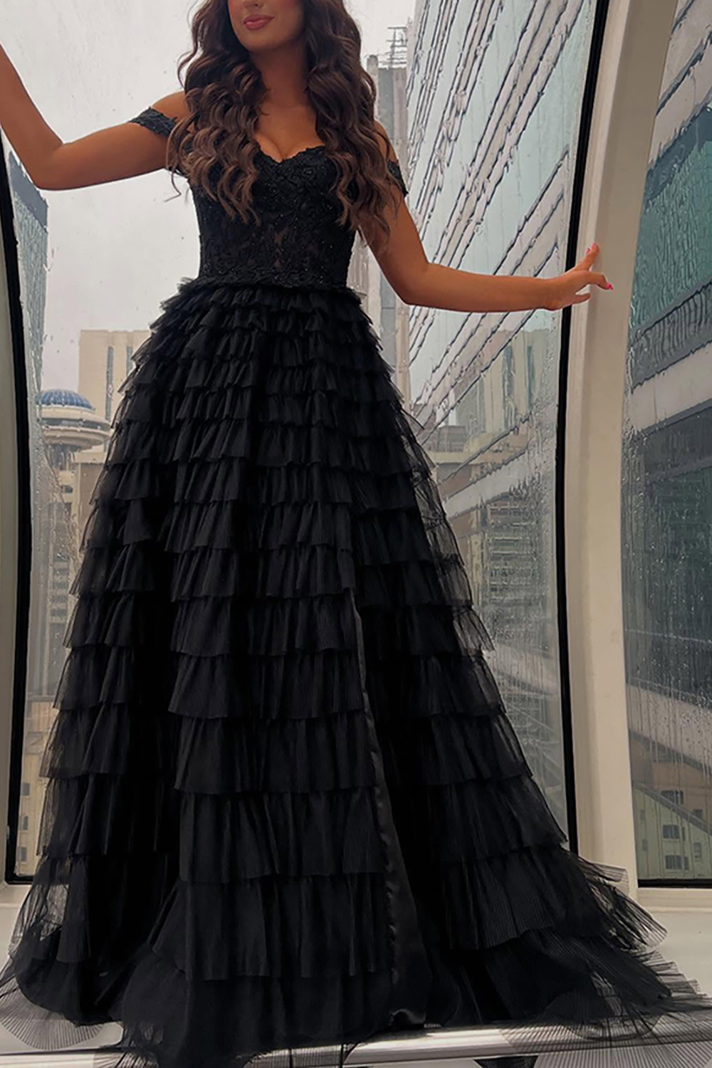 Sparkly Black Off the Shoulder Ruffled Corset Long Prom Dress with Slit