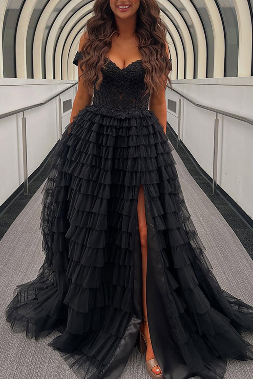 Sparkly Black Off the Shoulder Ruffled Corset Long Prom Dress with Slit