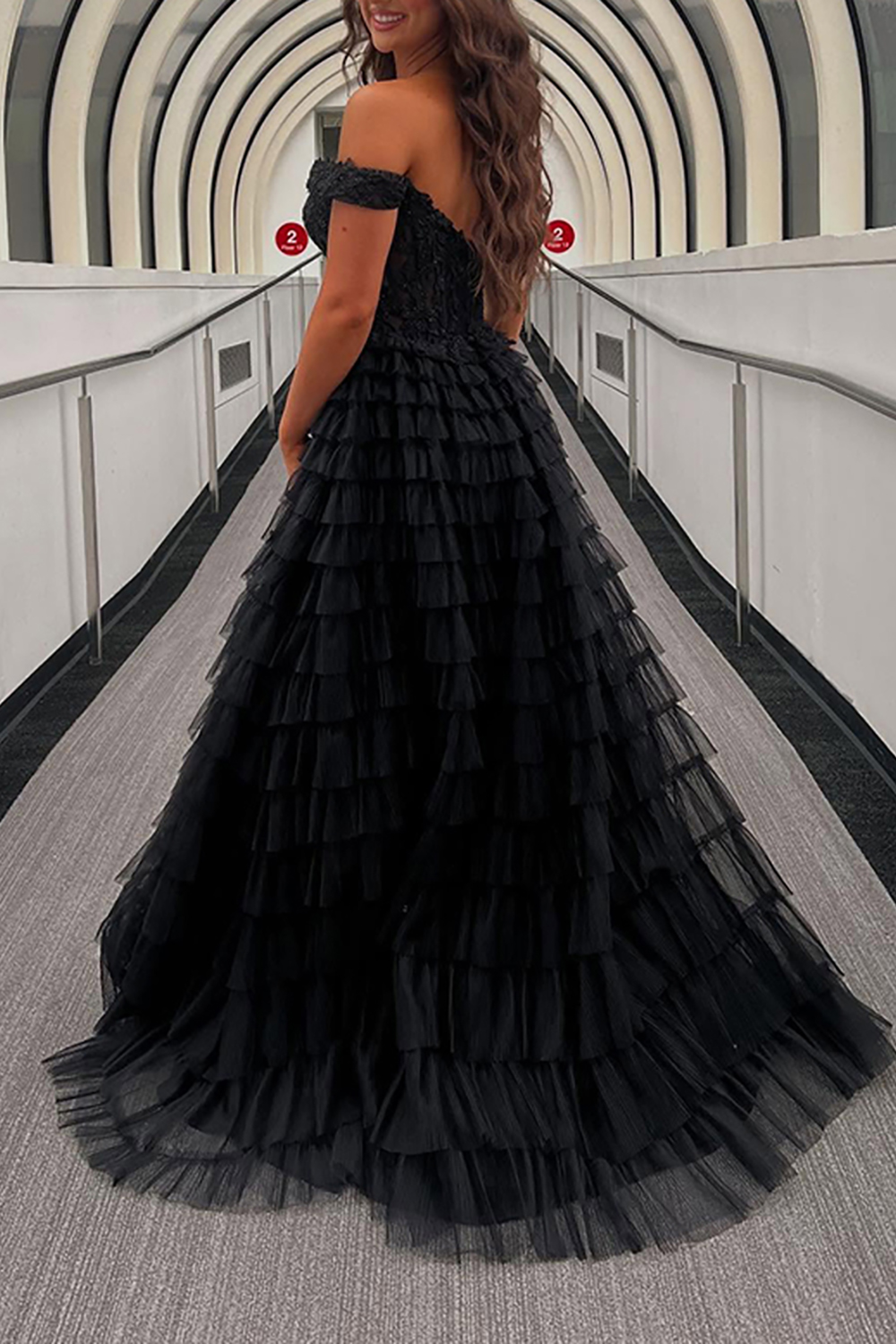 Sparkly Black Off the Shoulder Ruffled Corset Long Prom Dress with Slit