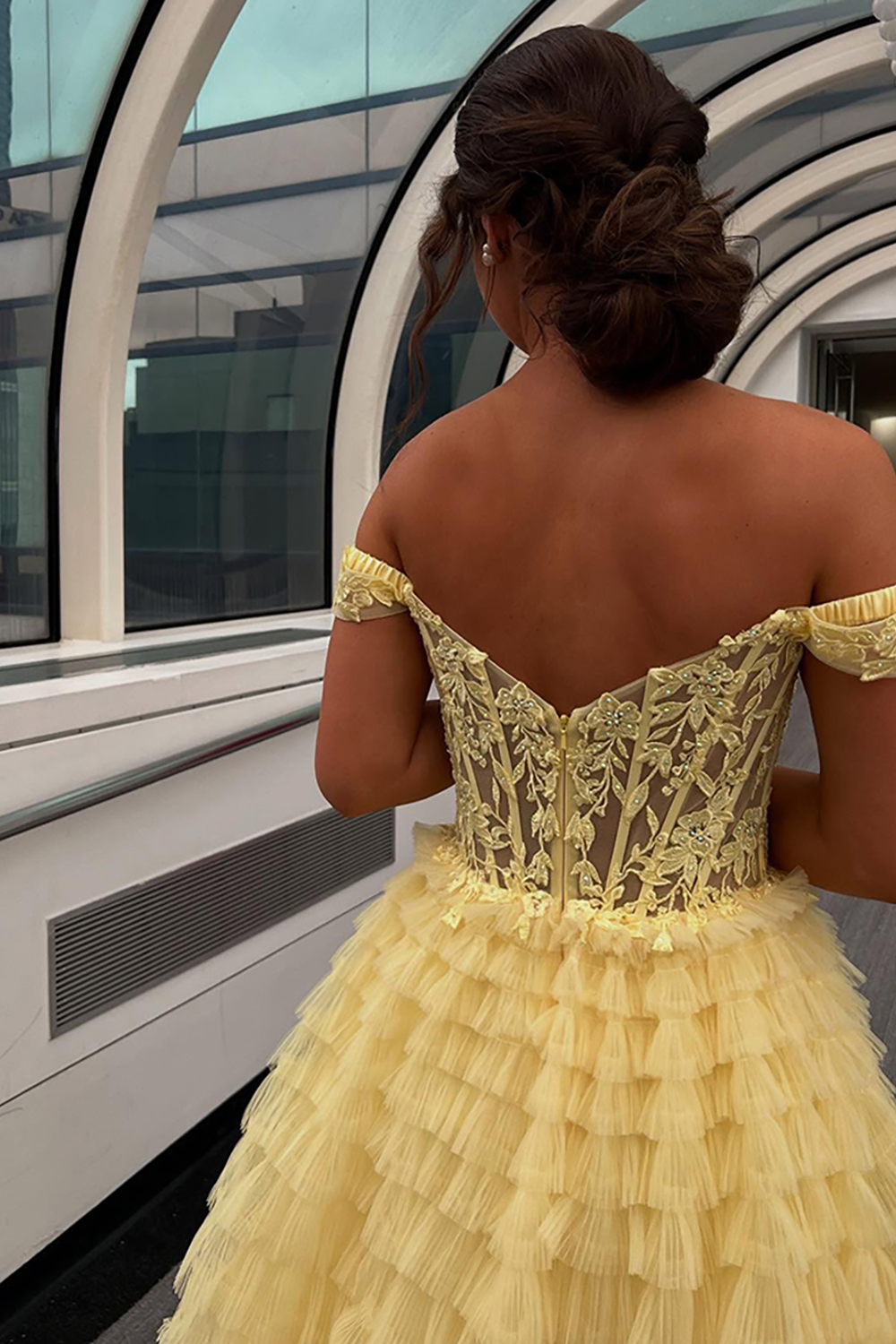 Sparkly Black Off the Shoulder Ruffled Corset Long Prom Dress with Slit