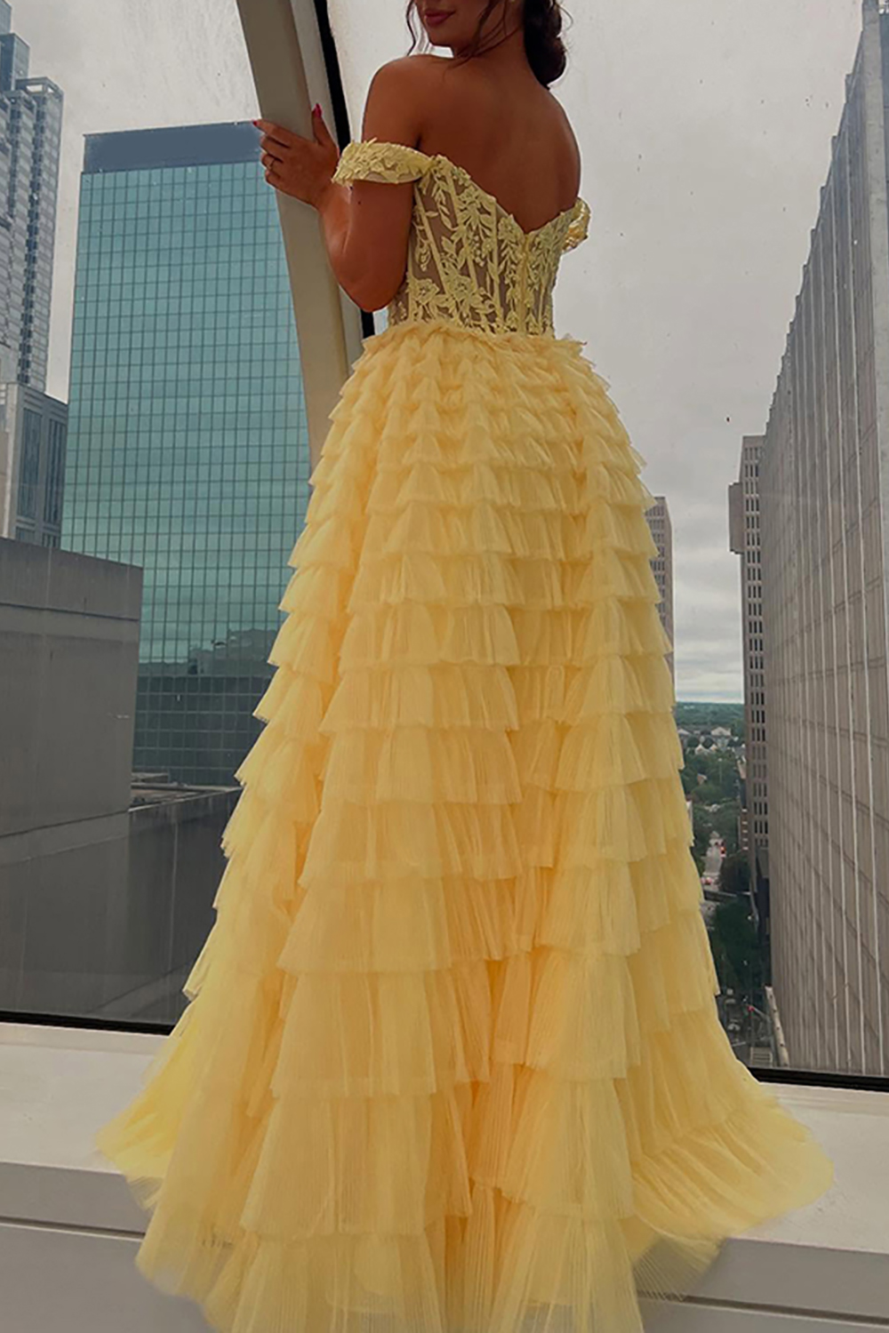 Sparkly Black Off the Shoulder Ruffled Corset Long Prom Dress with Slit