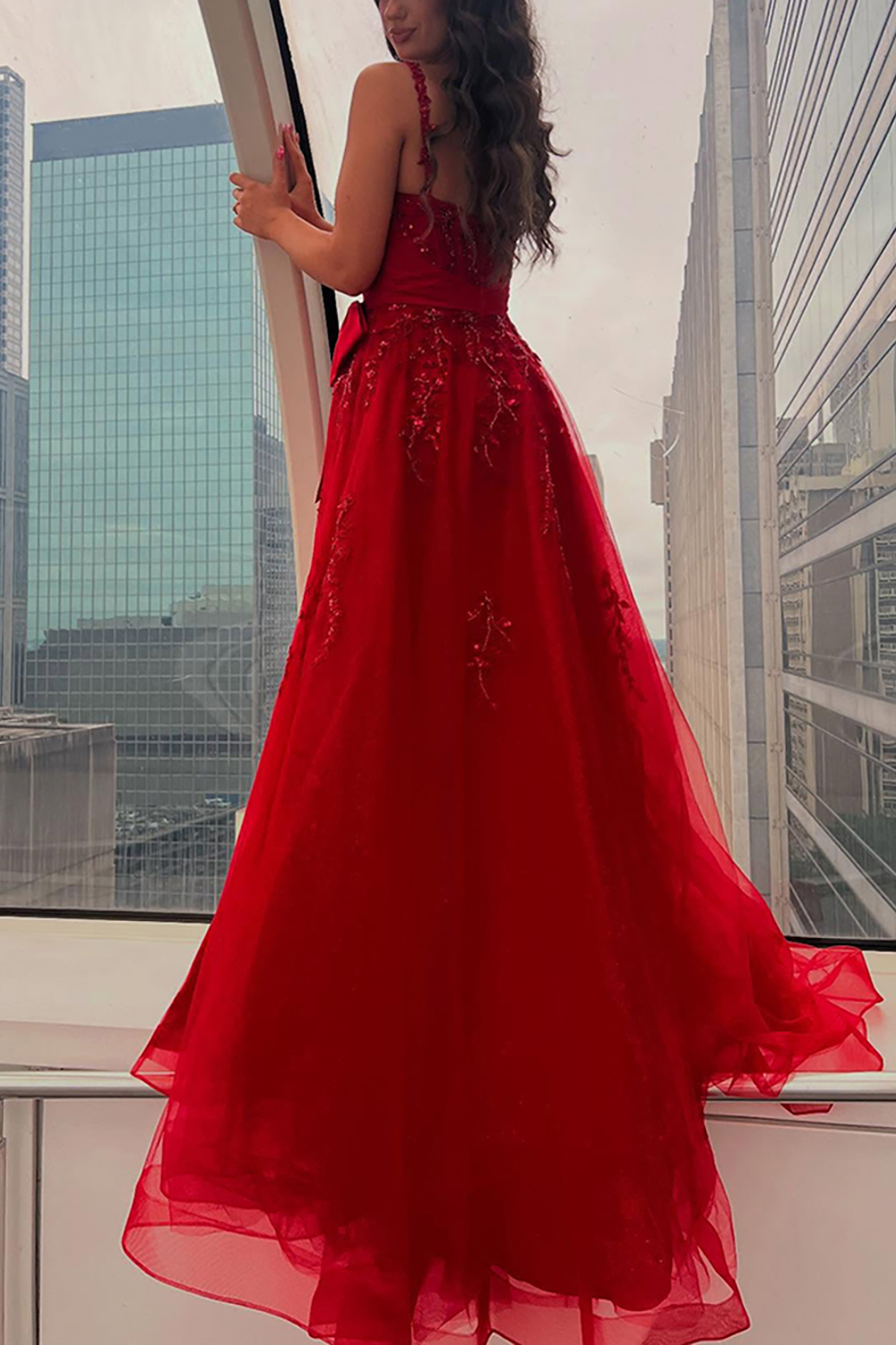 Sparkly Red Beaded Corset A Line Long Prom Dress with Bow