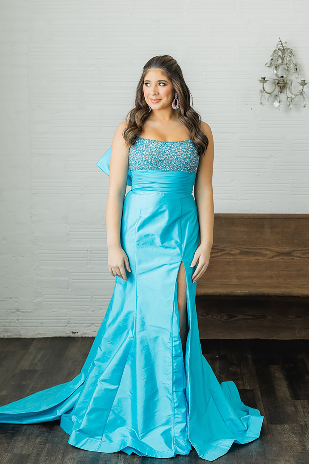 Sparkly Peacock Blue Beaded Mermaid Long Prom Dress with Bow