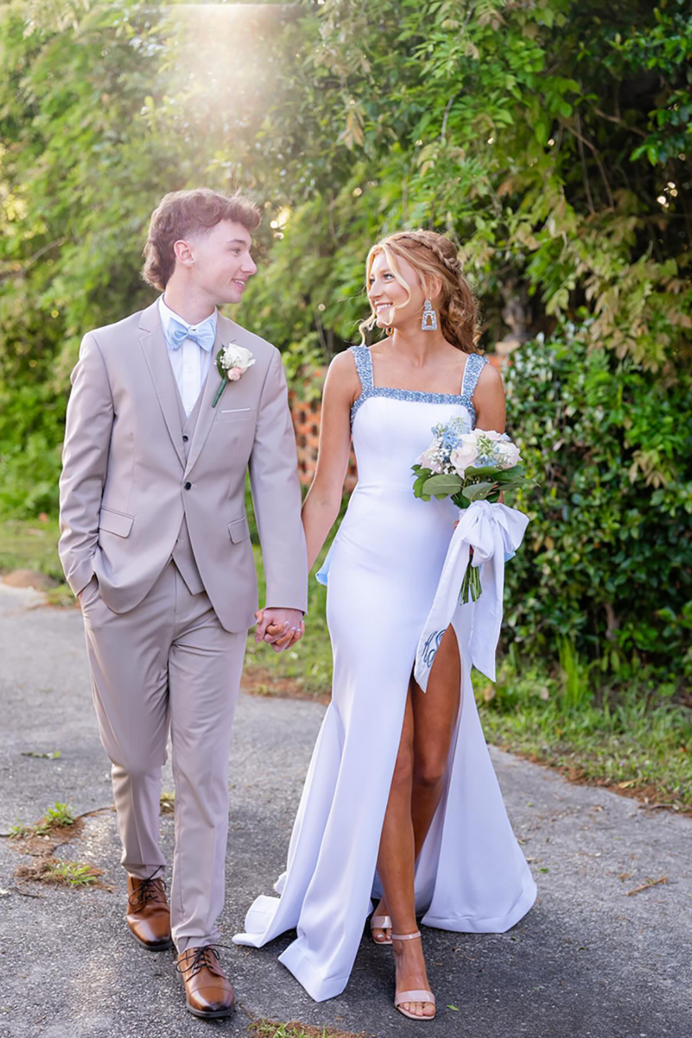 Sparkly White Beaded Mermaid Square Neck Long Prom Dress with Bow