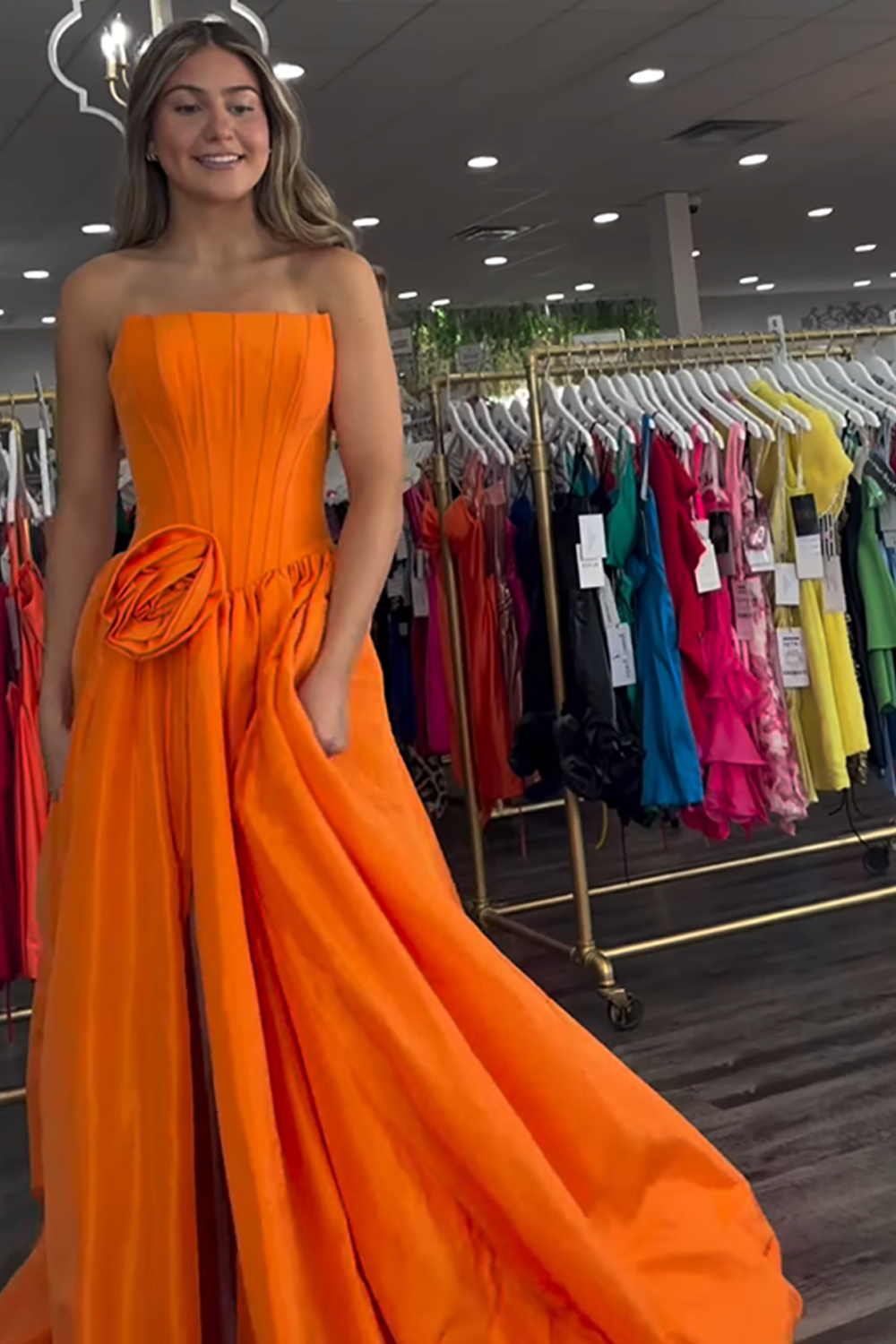 Floral Orange Corset Strapless A Line Long Prom Dress