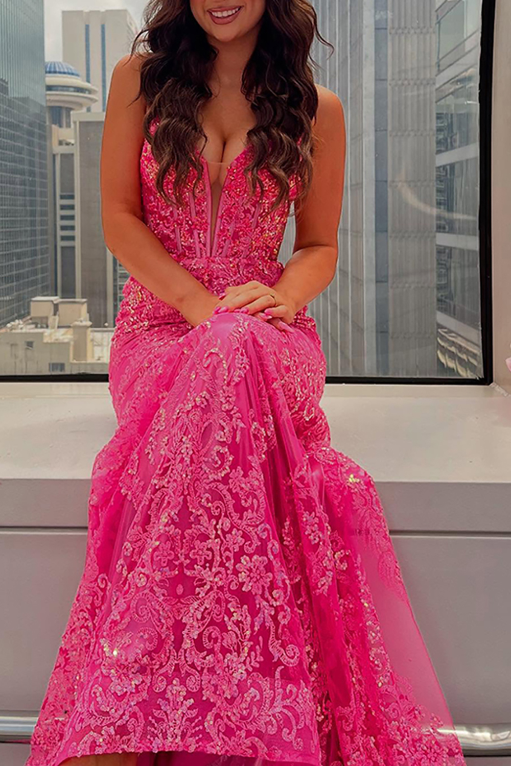 Sparkly Fuchsia Mermaid Lace Corset Long Prom Dress with Beading