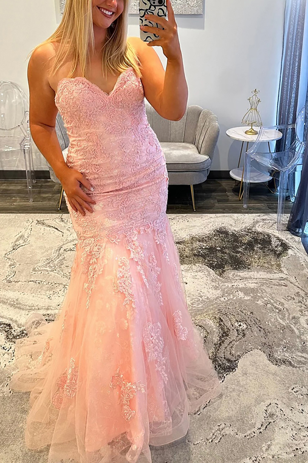 Pink Lace Sweetheart Mermaid Long Prom Dress