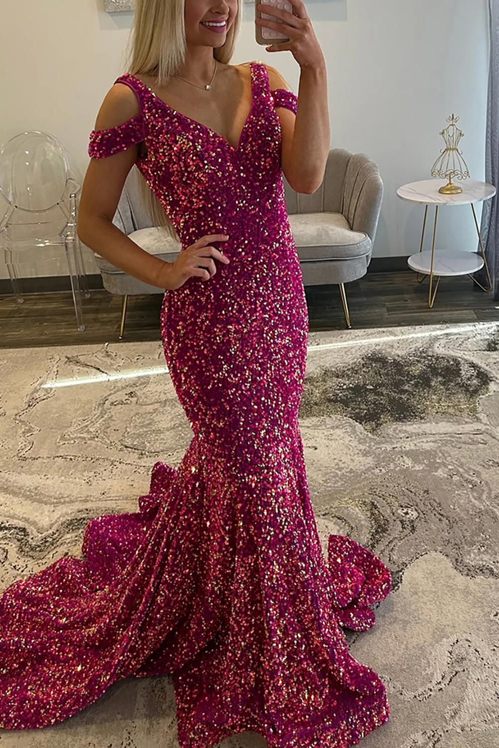Sparkly Fuchsia Mermaid V-Neck Sequin Long Prom Dress