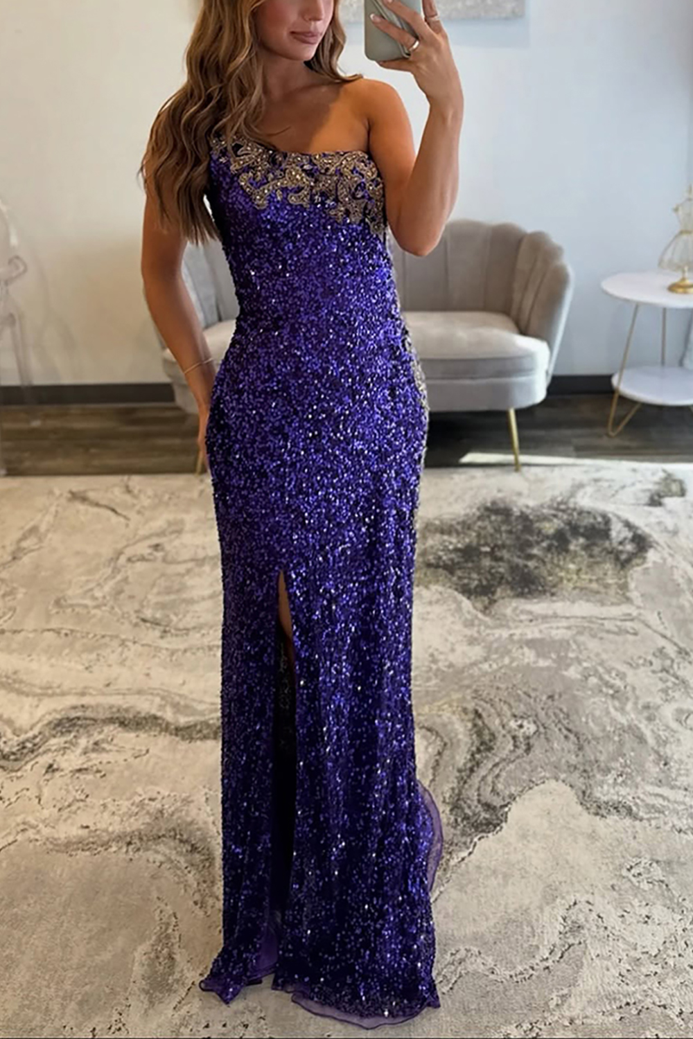Sparkly Purple Mermaid Beaded One Shoulder Long Prom Dress with Slit