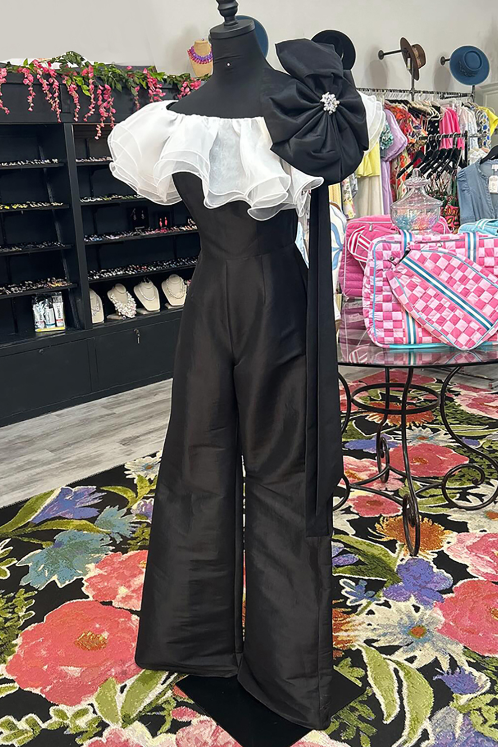 Black Ruffled Boat Neck Long Prom Jumpsuits