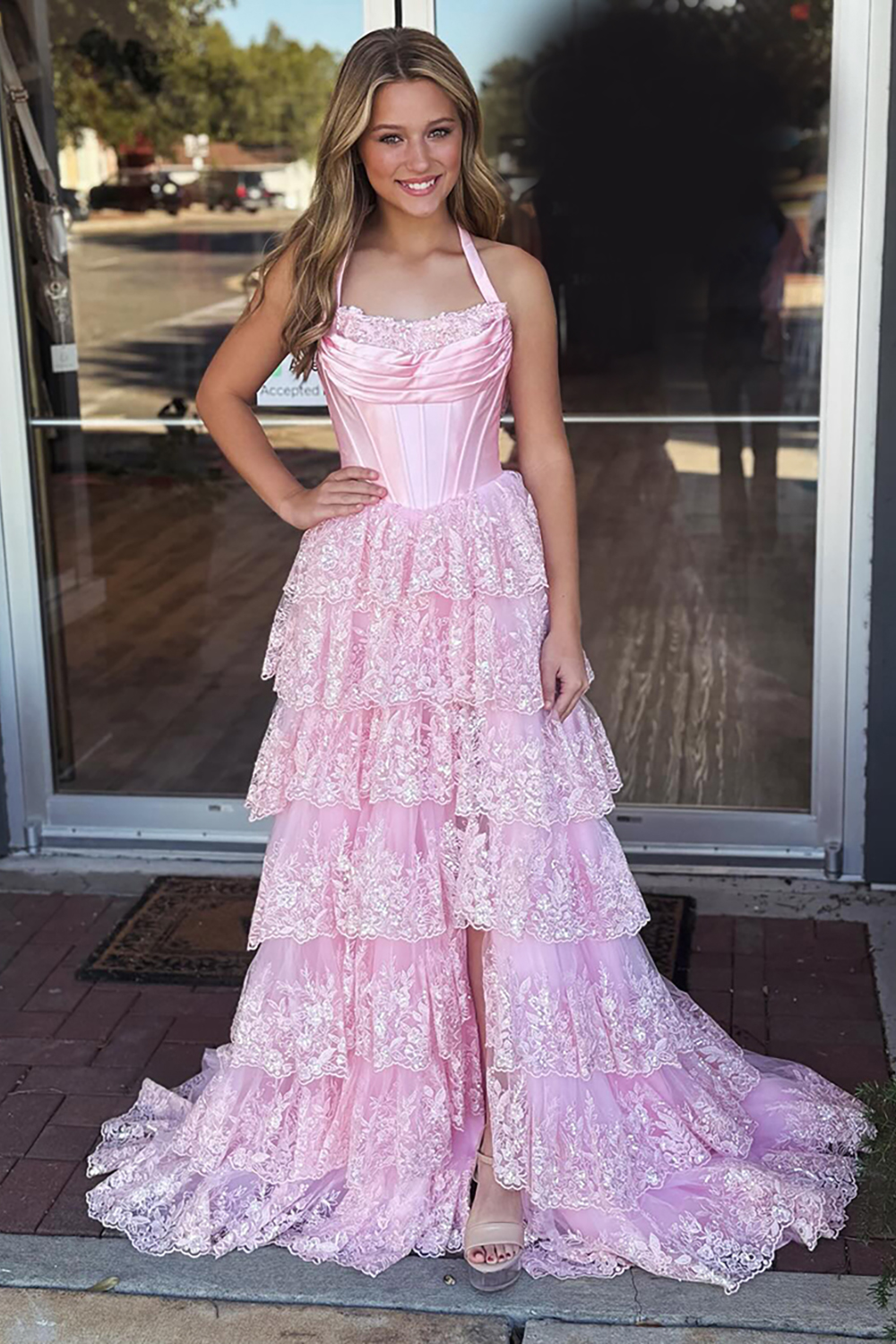 Sparkly Pink Lace Corset Tiered Ruffled Long Prom Dress with Beading