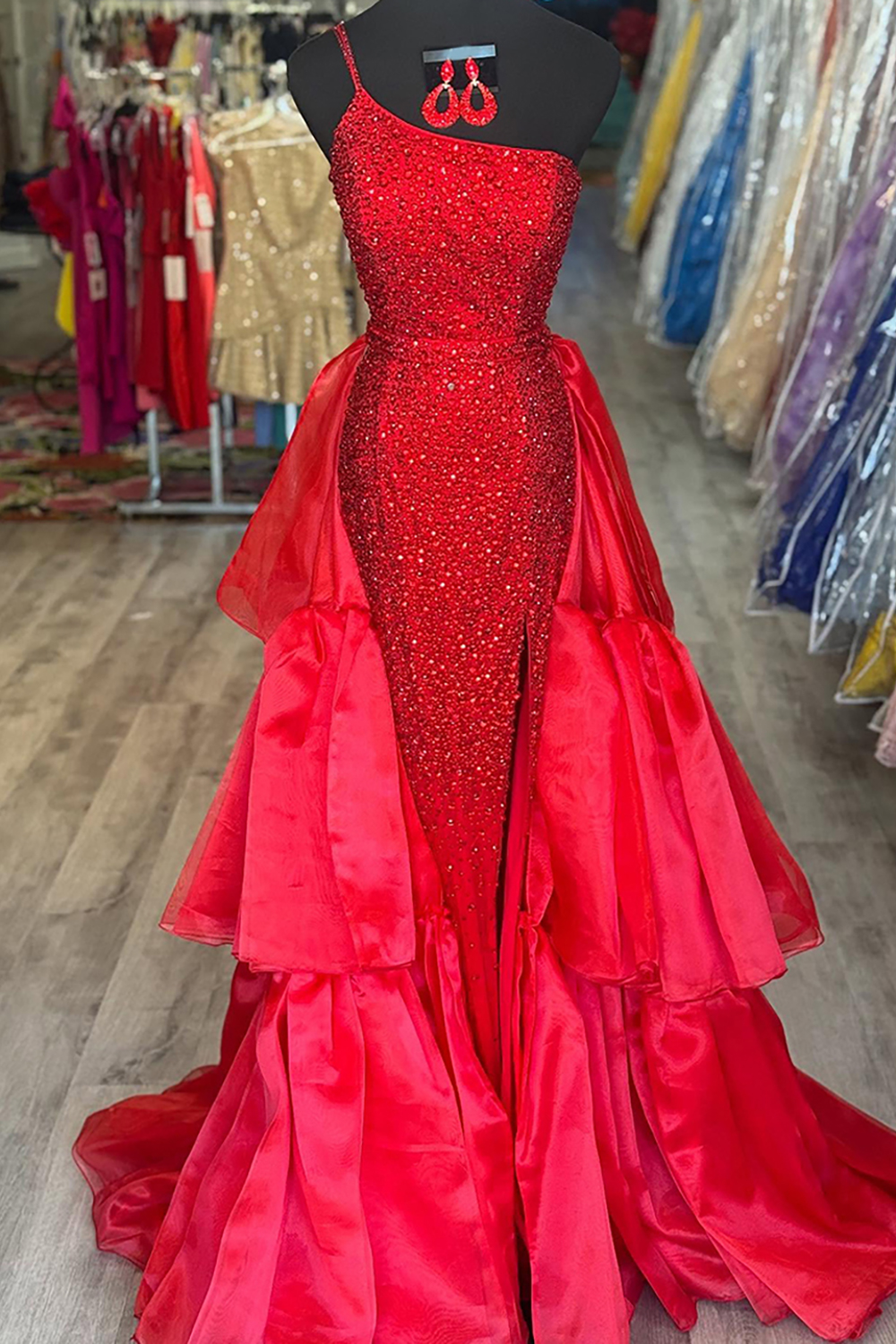 Sparkly Red Mermaid Beaded One Shoulder Long Prom Dress with Cape