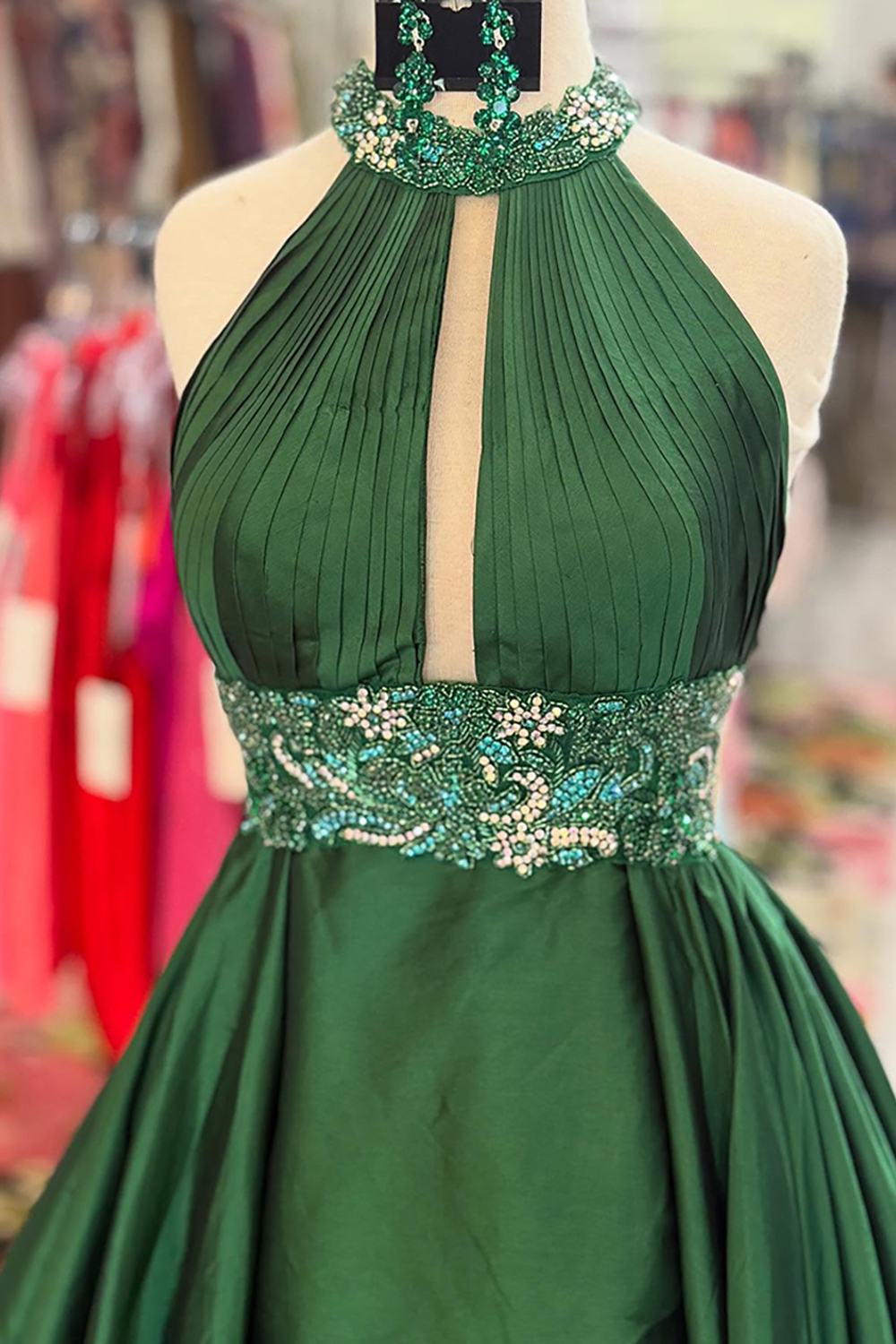 Sparkly Green Satin Beaded Mermaid Long Prom Dress with Cape