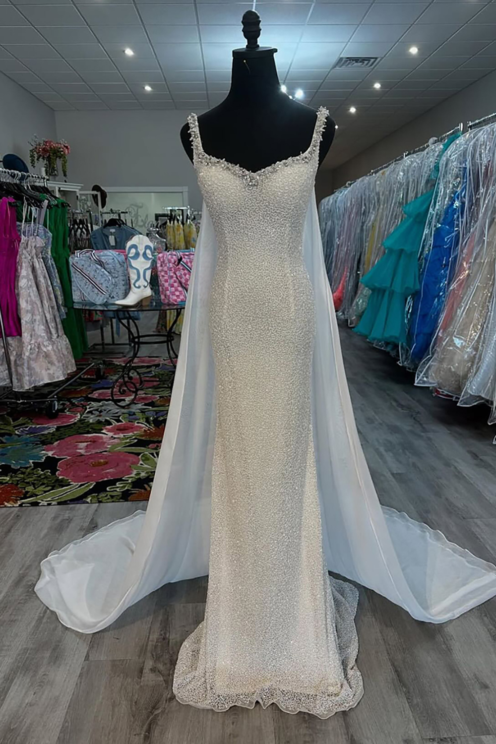 Sparkly White Sequins Mermaid Corset Long Prom Dress with Cape