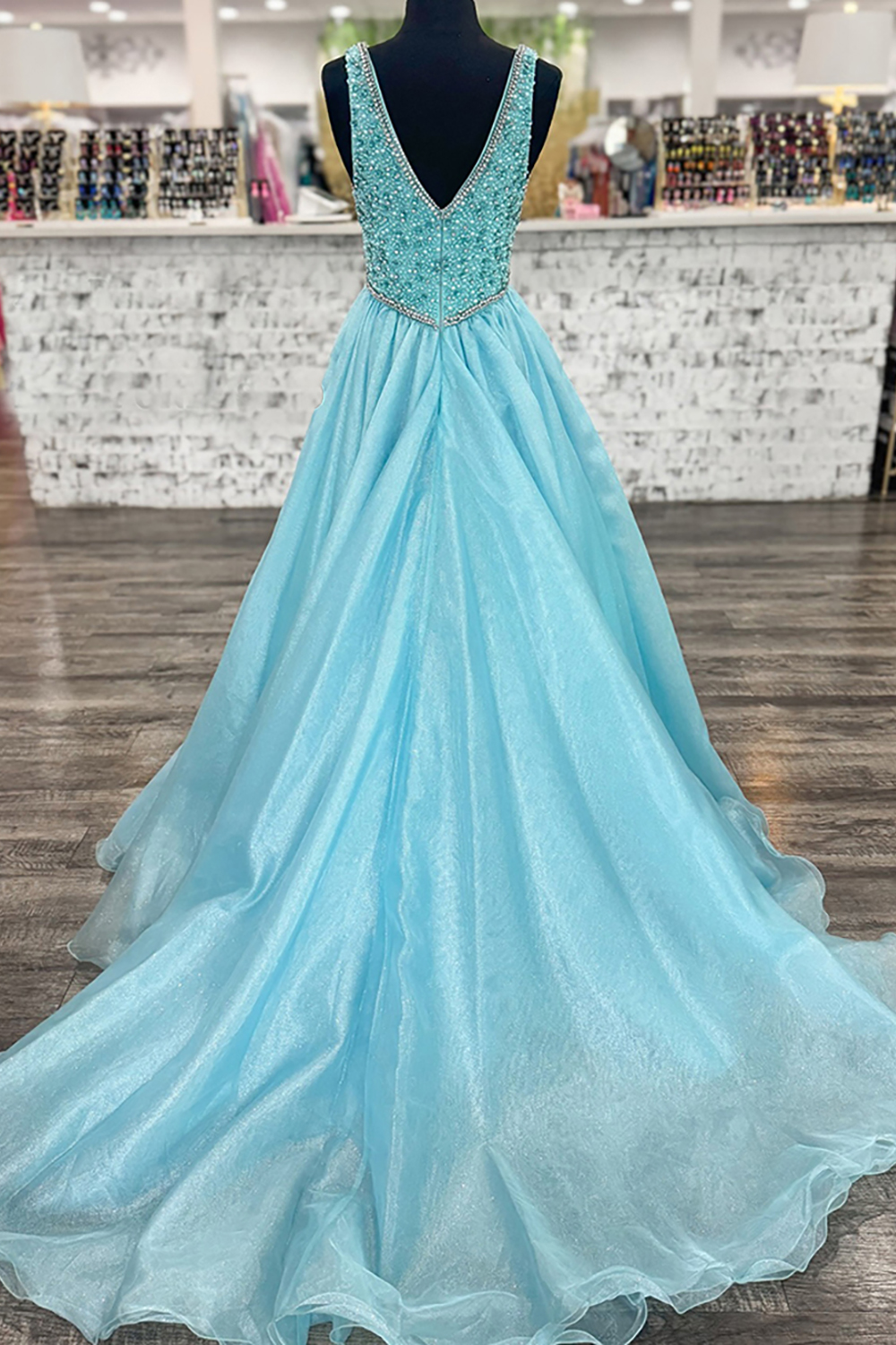 Sparkly Light Blue V-Neck Rhinestones Ball Gown Long Prom Dress