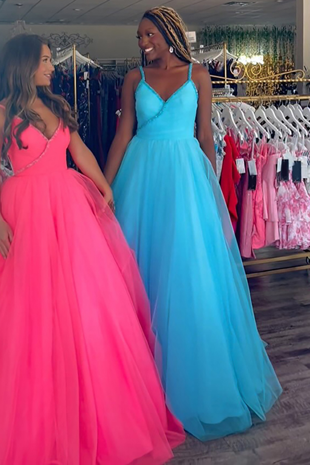 Blue V-Neck Ball Gown Chiffon Long Prom Dress