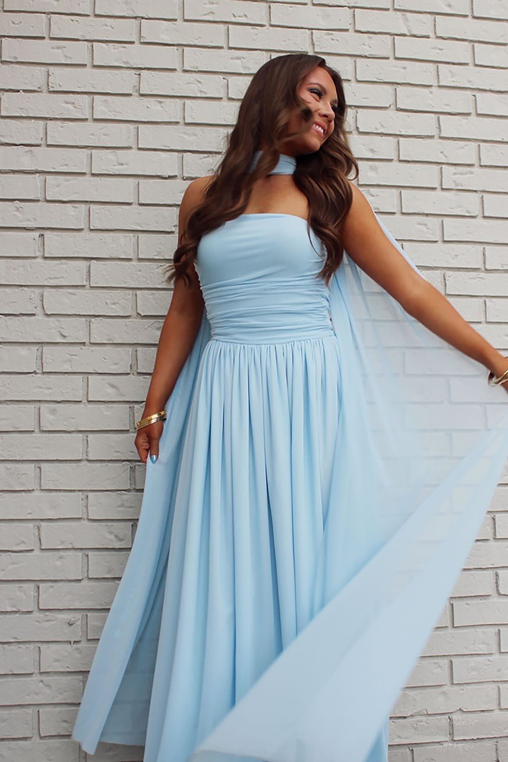 Light Blue Strapless Neck Scarf Chiffon Long Prom Dress