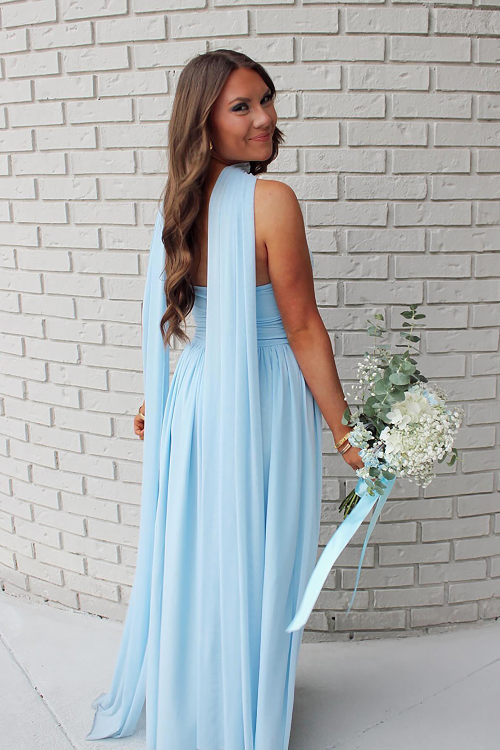 Light Blue Strapless Neck Scarf Chiffon Long Prom Dress