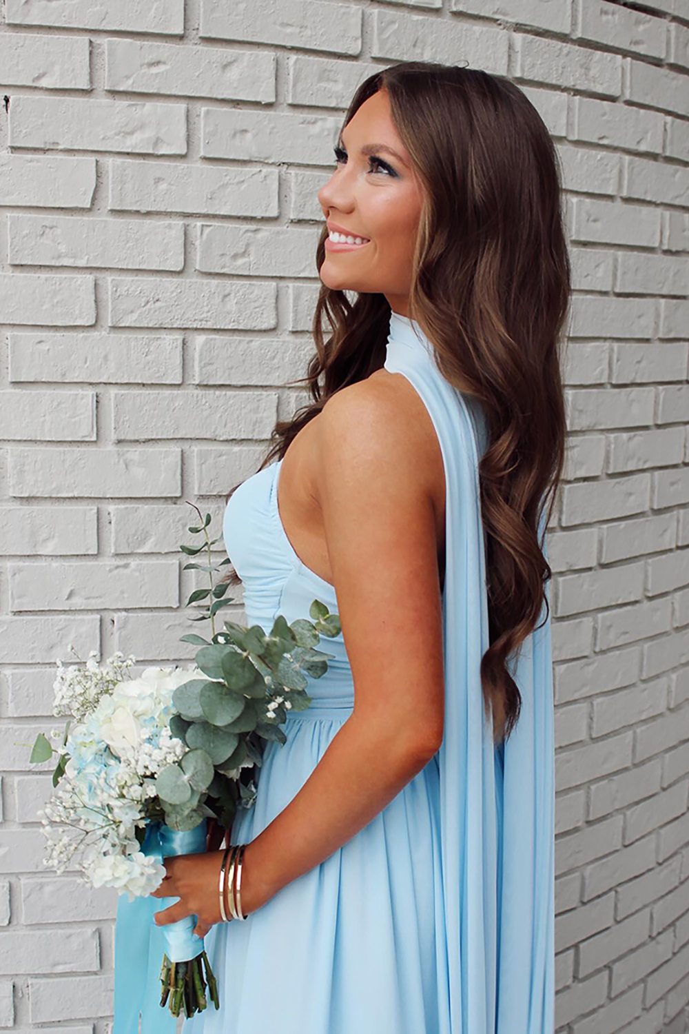 Light Blue Strapless Neck Scarf Chiffon Long Prom Dress