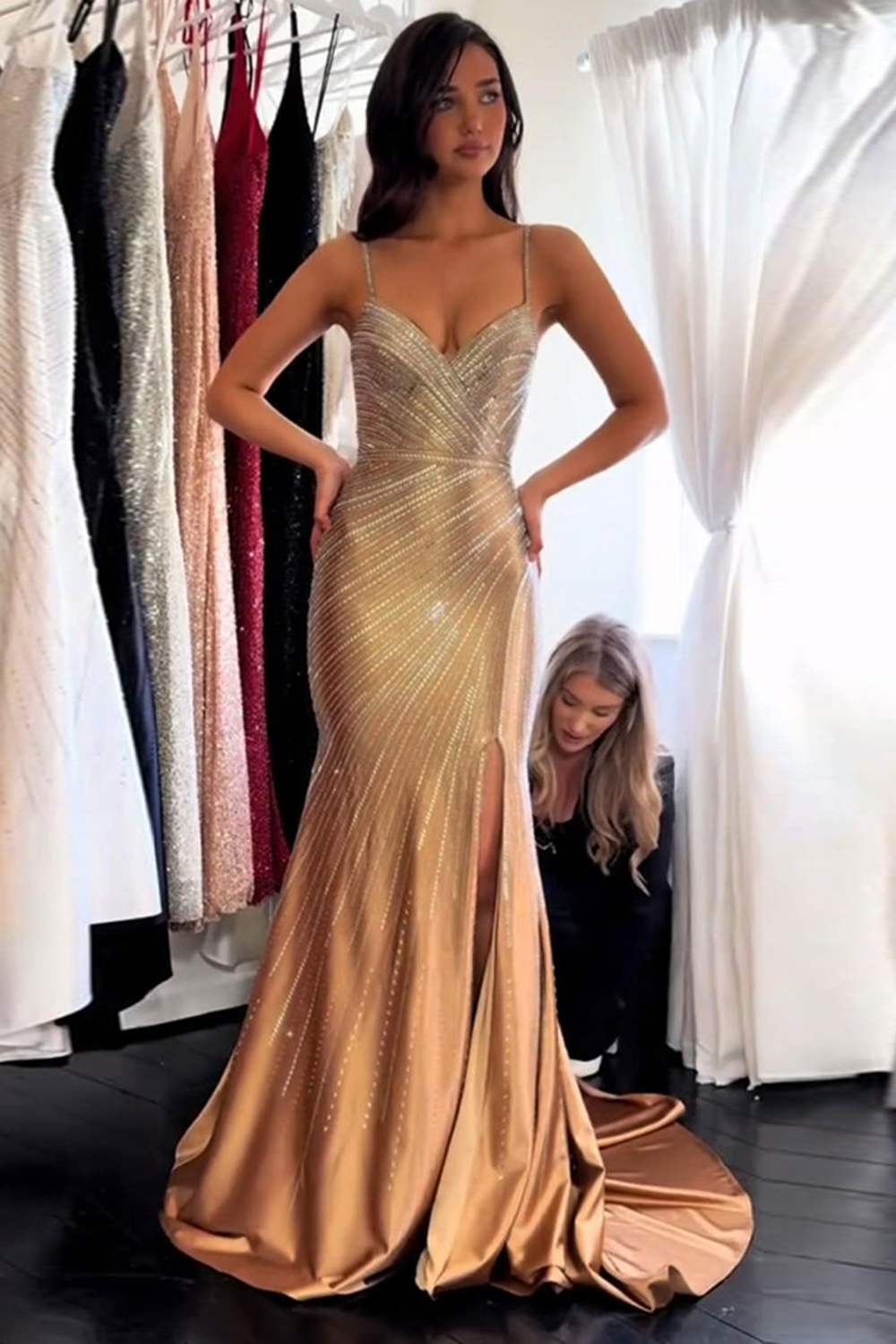 Sparkly Beaded Golden Mermaid Spaghetti Straps Long Prom Dress with Slit