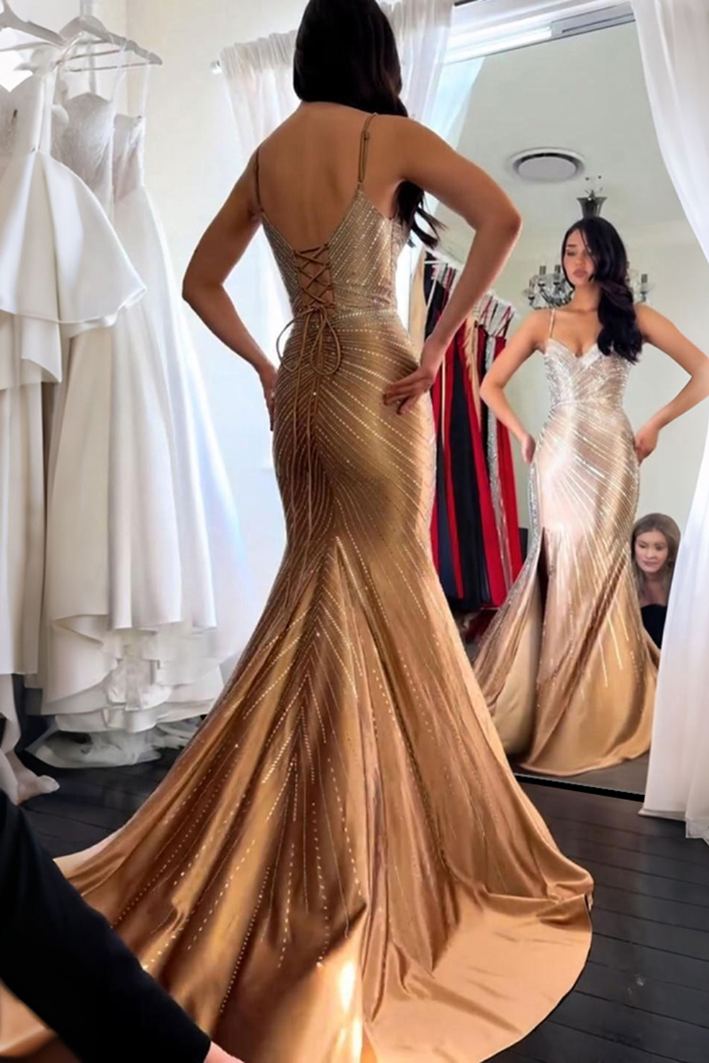 Sparkly Beaded Golden Mermaid Spaghetti Straps Long Prom Dress with Slit