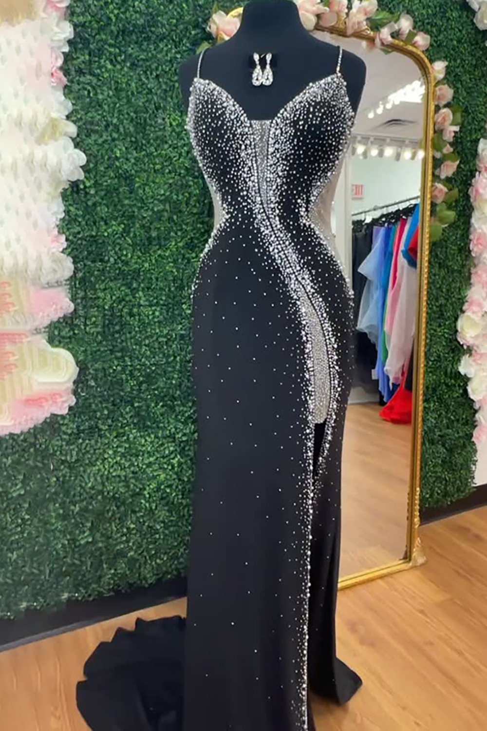 Sparkly Black Mermaid Beaded Spaghetti Straps Long Prom Dress with Slit