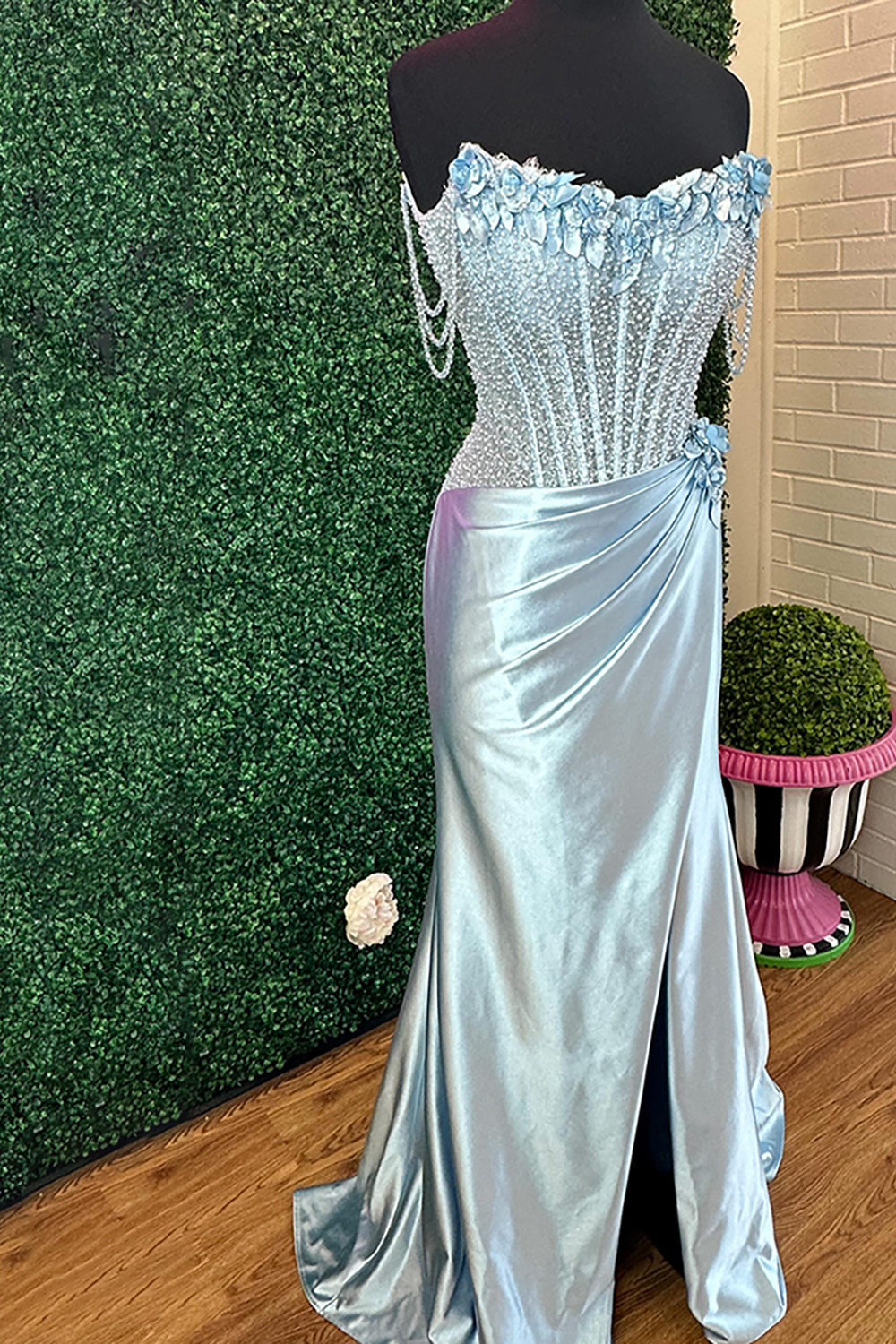 Sparkly Light Blue Floral Corset Mermaid Long Prom Dress with Slit