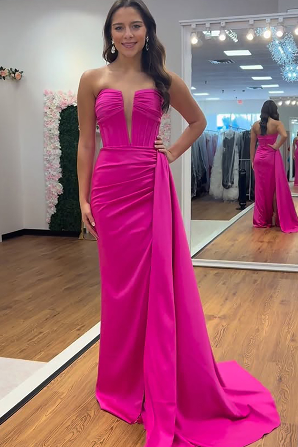 Fuchsia Strapless Mermaid Corset Long Prom Dress with Side Cape