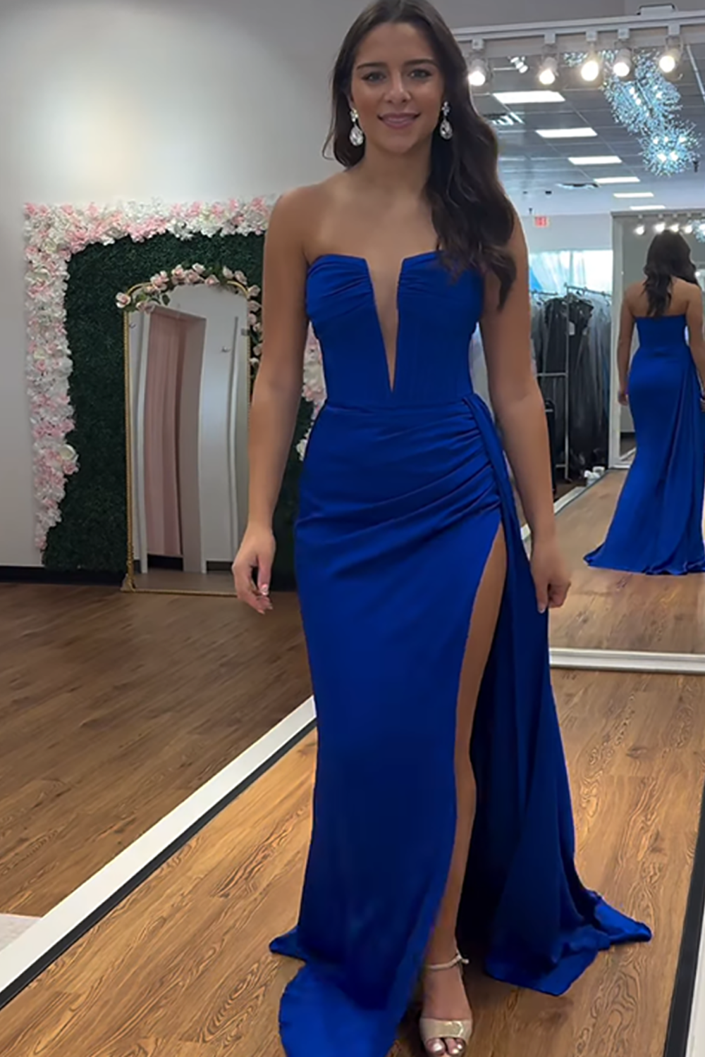 Fuchsia Strapless Mermaid Corset Long Prom Dress with Side Cape