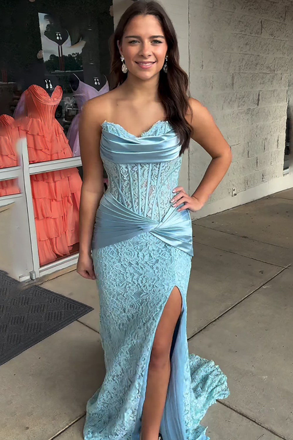 Light Blue Mermaid Corset Sweetheart Long Prom Dress with Slit