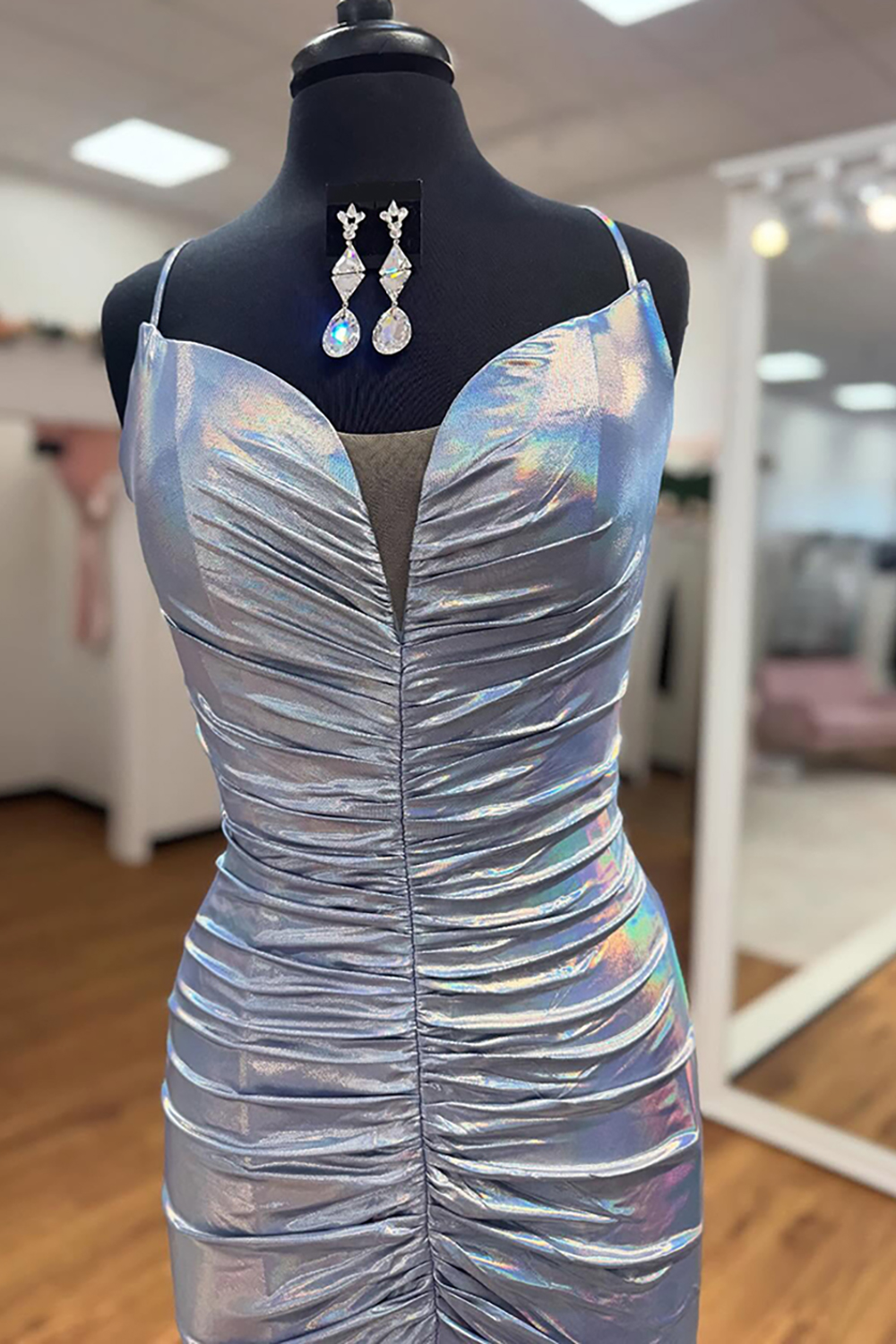 Gold Spaghetti Straps Mermaid Pleated Long Prom Dress