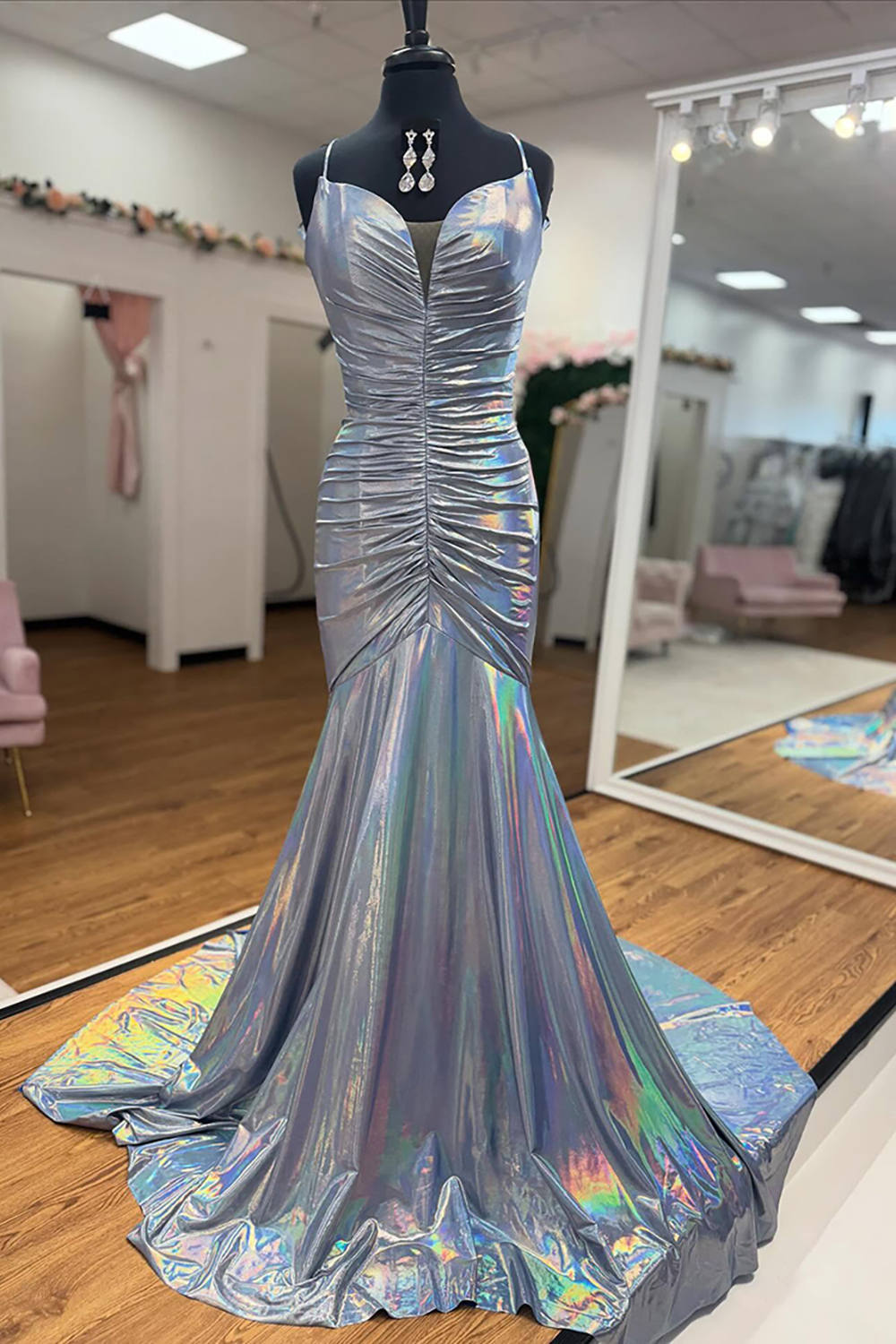 Gold Spaghetti Straps Mermaid Pleated Long Prom Dress