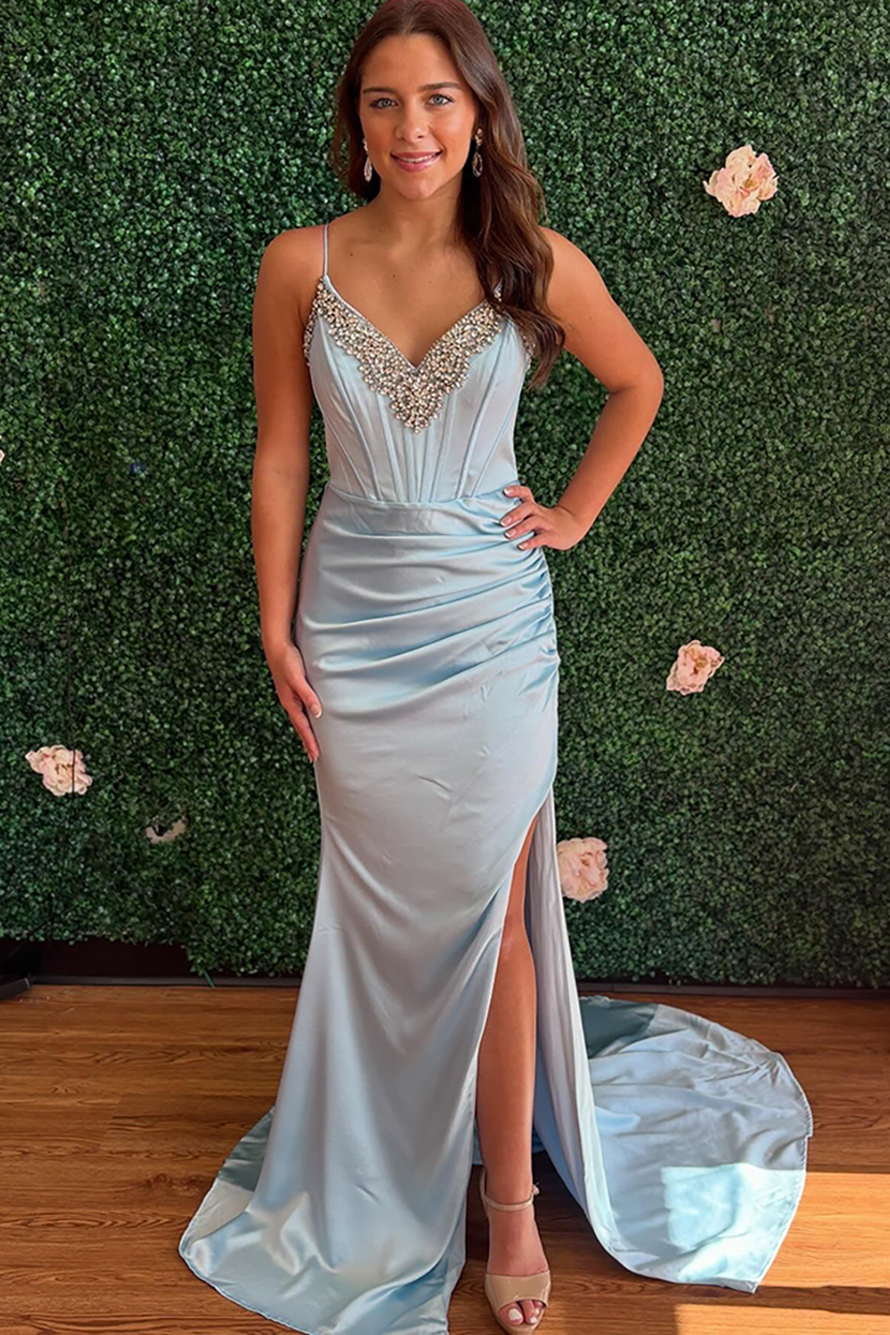 Sparkly Light Blue Mermaid Corset Long Prom Dress with Beading