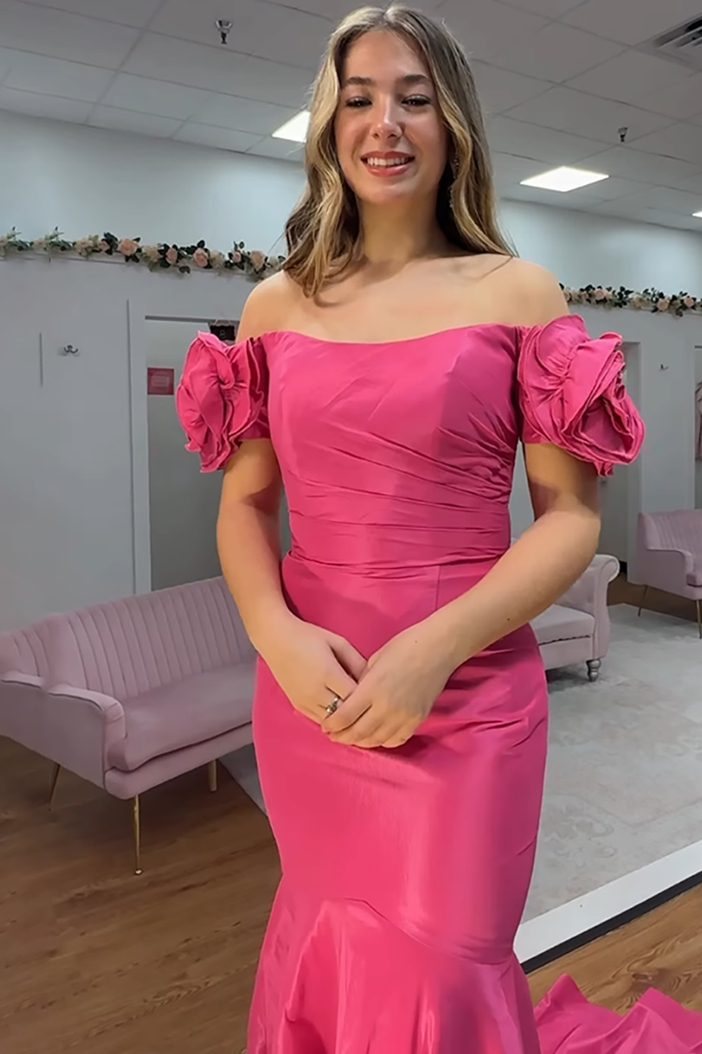 Fuchsia Off the Shoulder Mermaid Floral Long Prom Dress