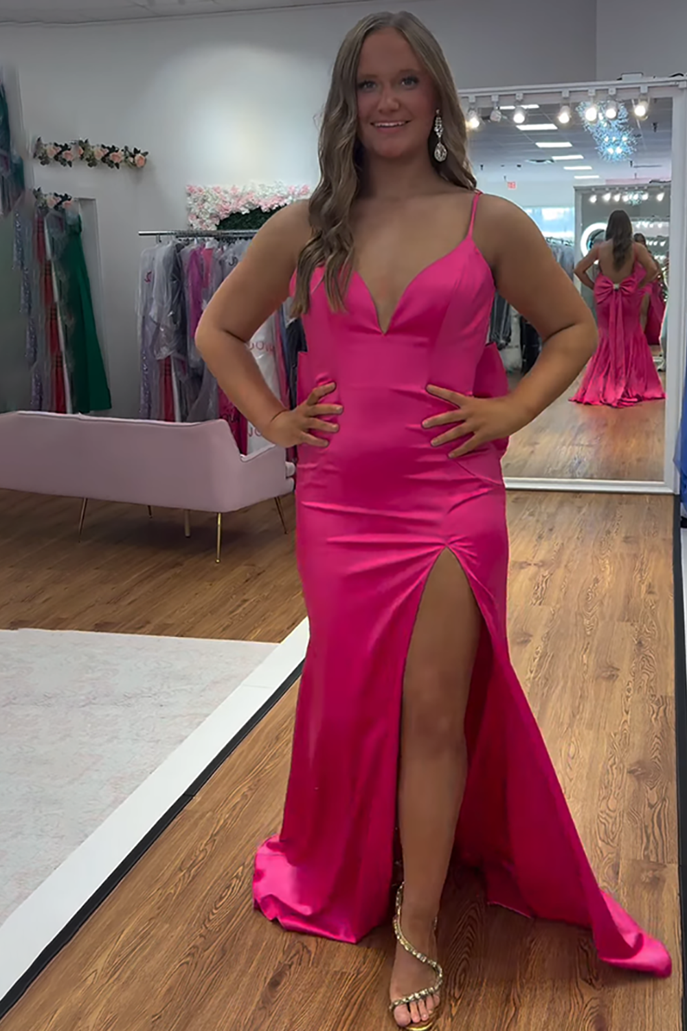 Sparkly Fuchsia V-Neck Mermaid Long Prom Dress with Bow