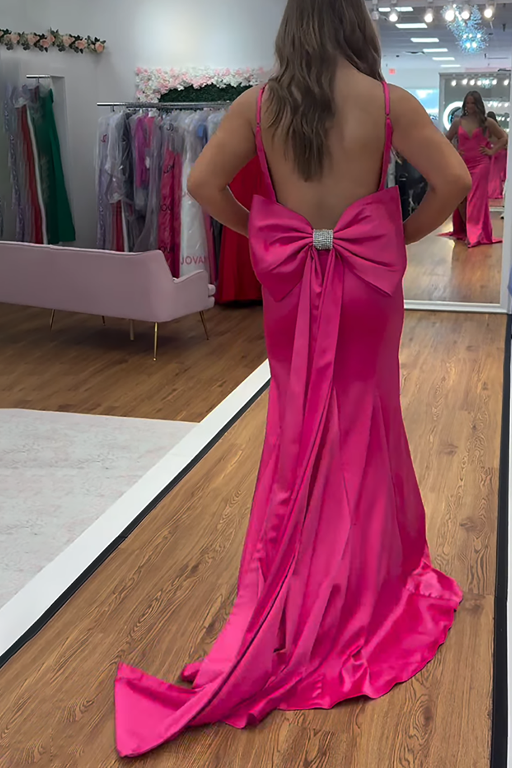 Sparkly Fuchsia V-Neck Mermaid Long Prom Dress with Bow