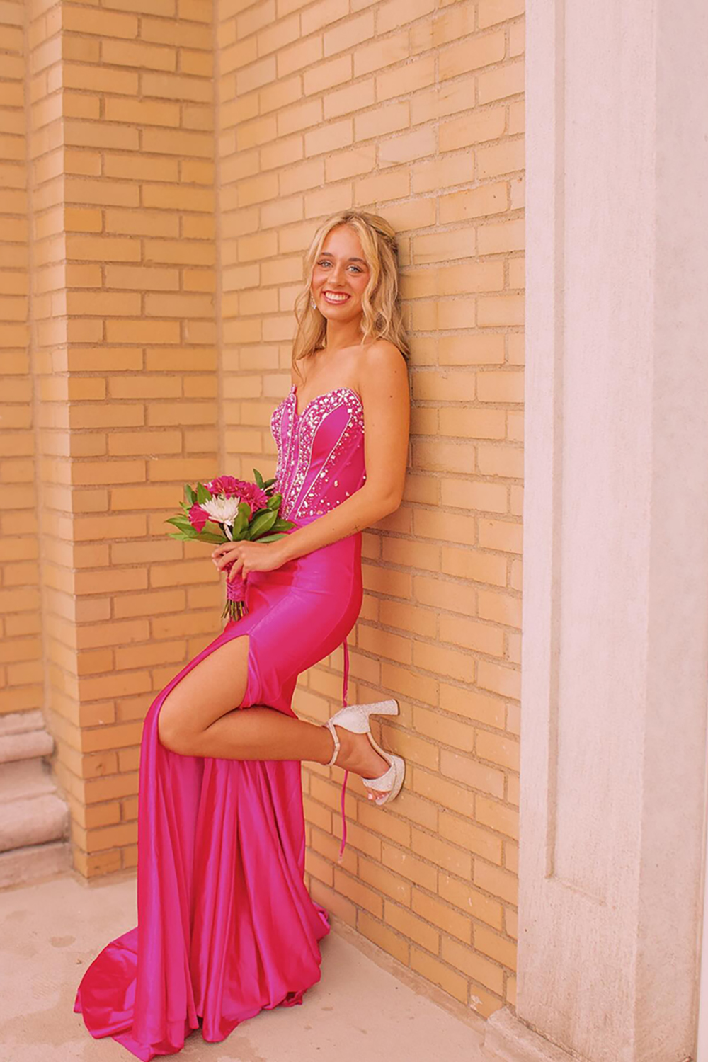 Sparkly Fuchsia Mermaid Corset Long Prom Dress with Rhinestones