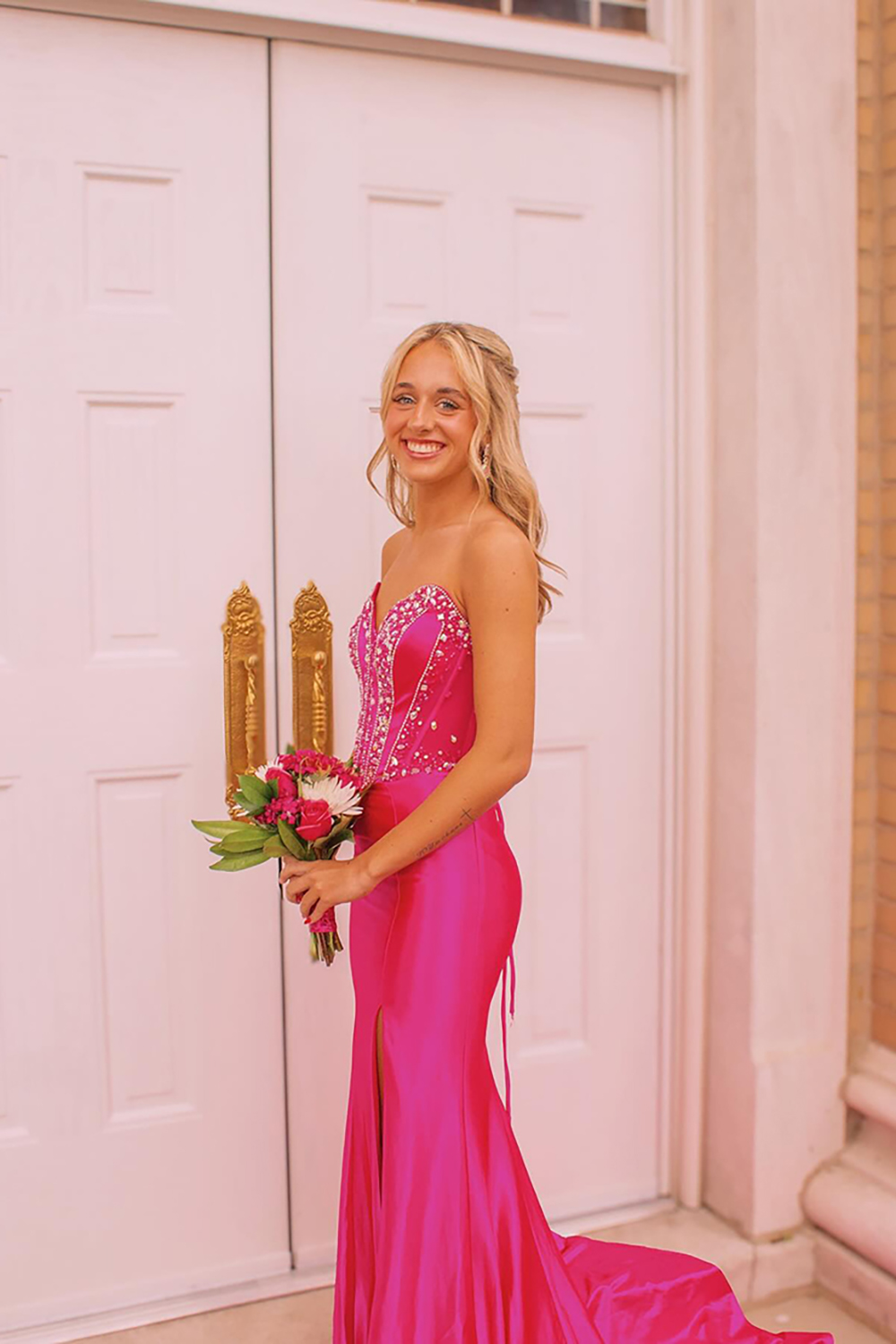 Sparkly Fuchsia Mermaid Corset Long Prom Dress with Rhinestones