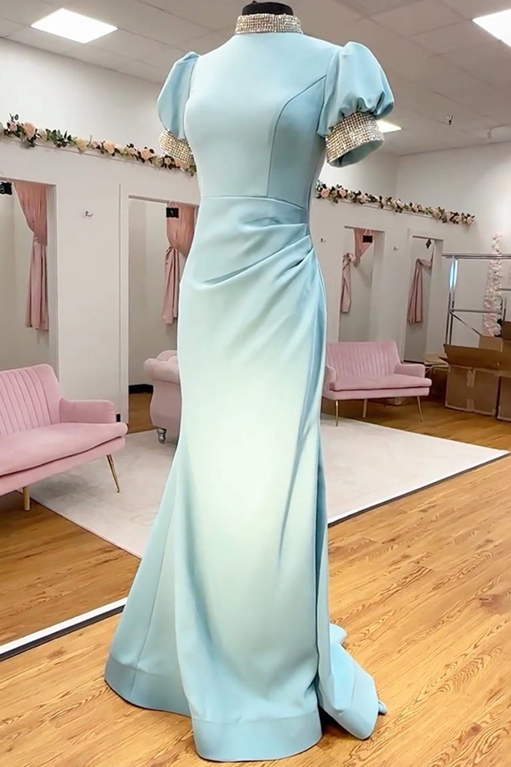 Sparkly Light Blue Mermaid Corset Long Prom Dress with Beading