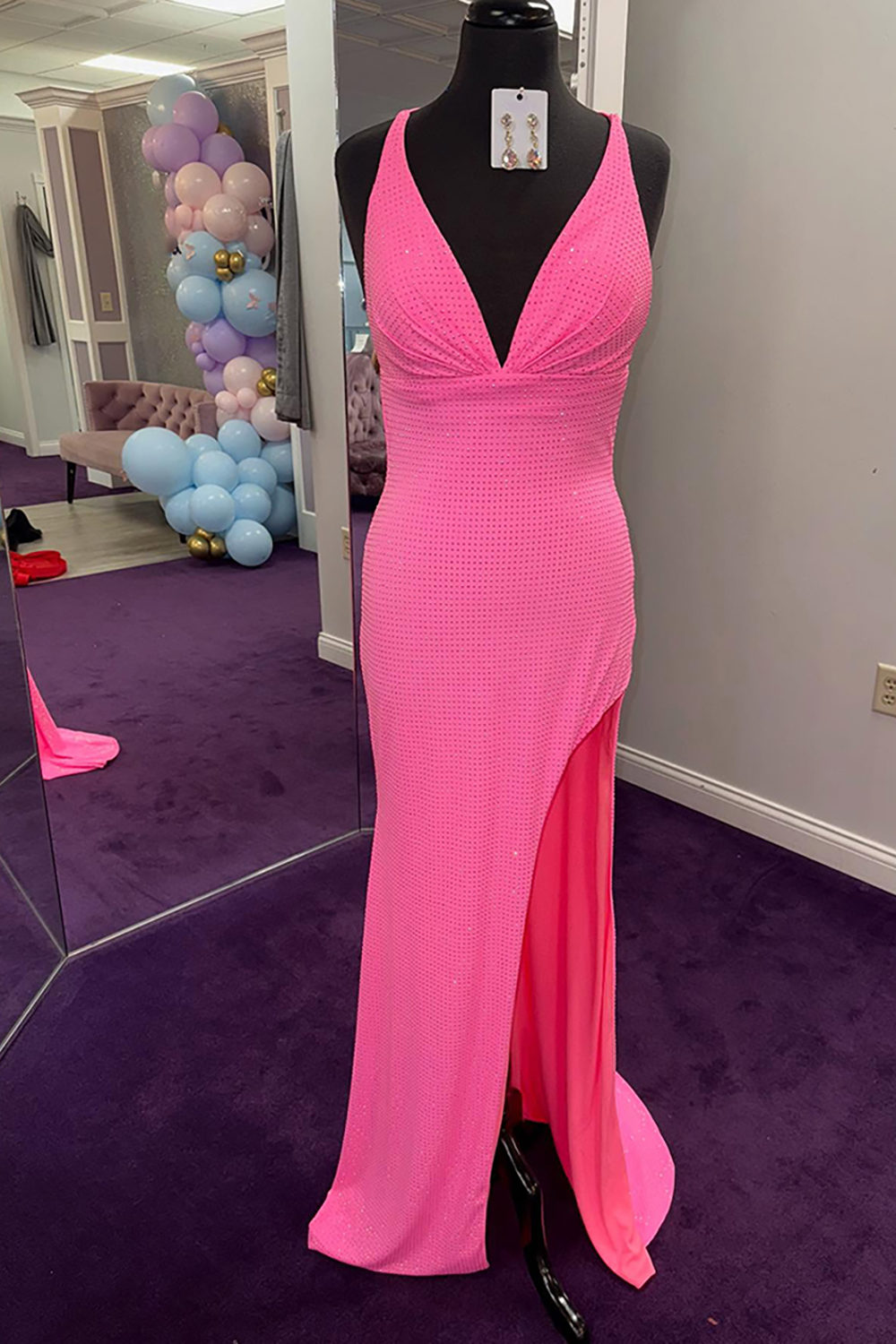 Sparkly Pink V-Neck Mermaid Beaded Long Prom Dress with Slit