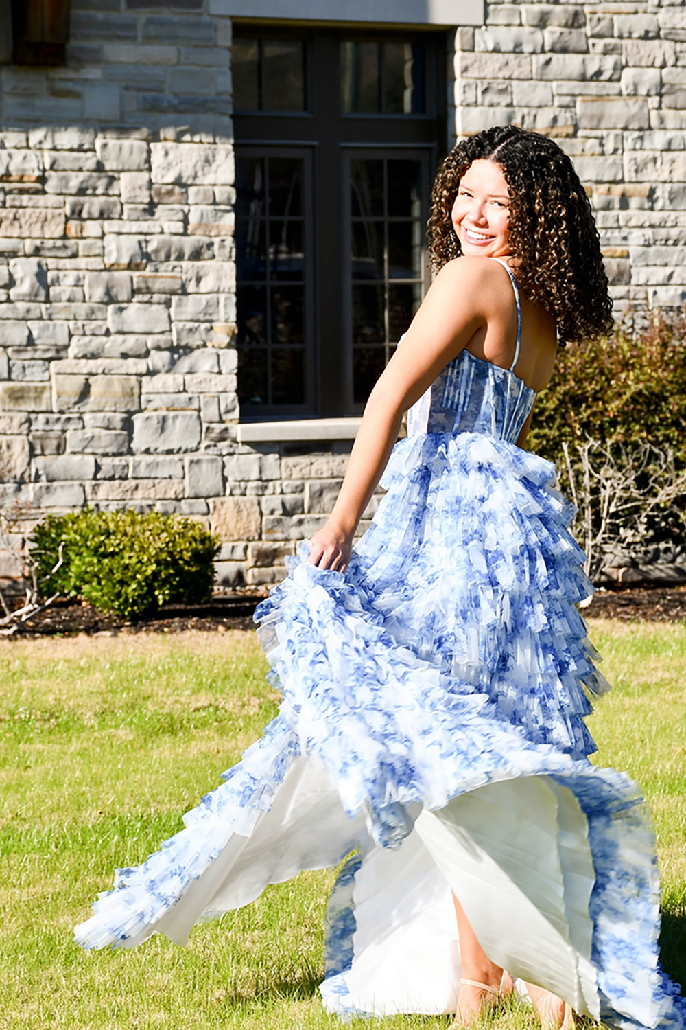 White Blue Flower Ball Gown Corset Ruffled Long Prom Dress with Slit