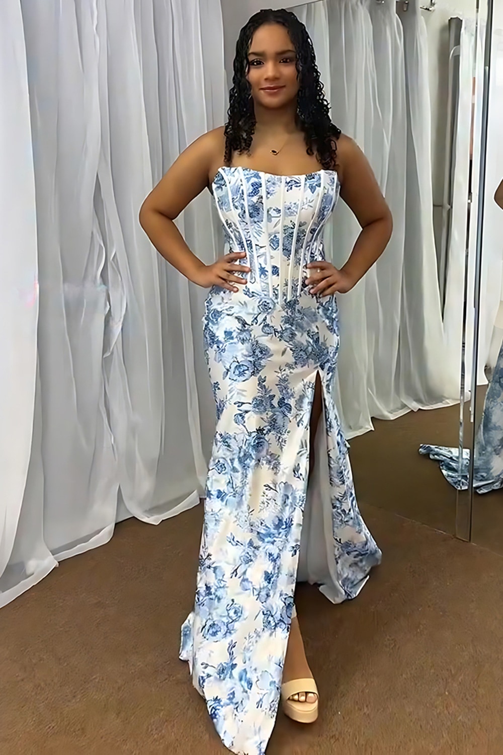 White Blue Flower Corset Mermaid Strapless Long Prom Dress with Slit
