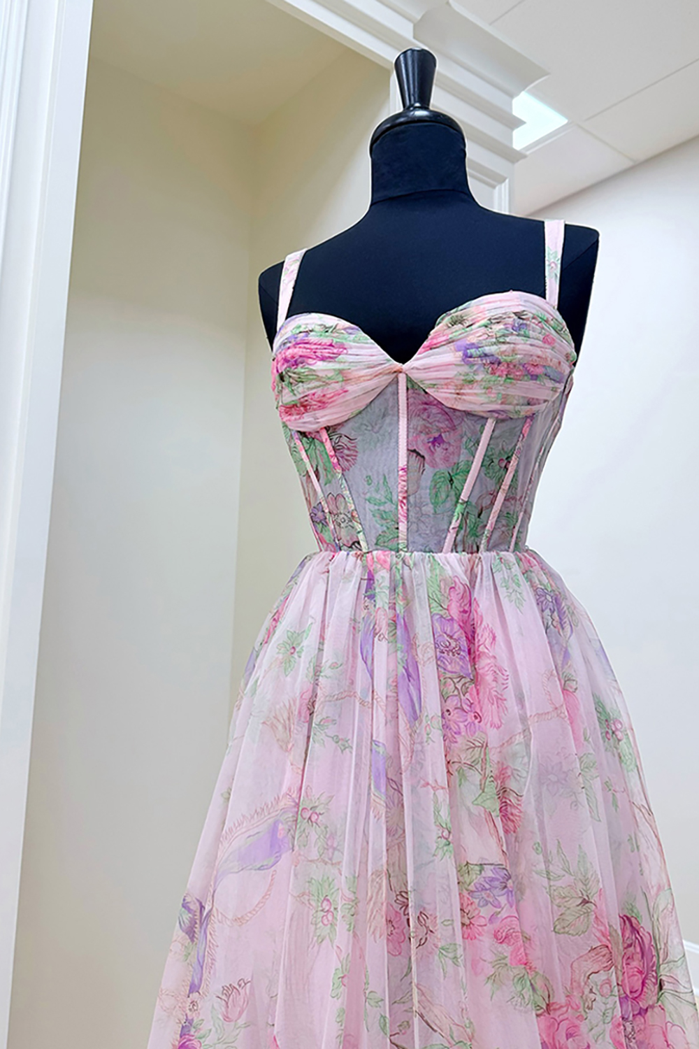 Grey Blue Floral A Line Corset Spaghetti Straps Long Prom Dress