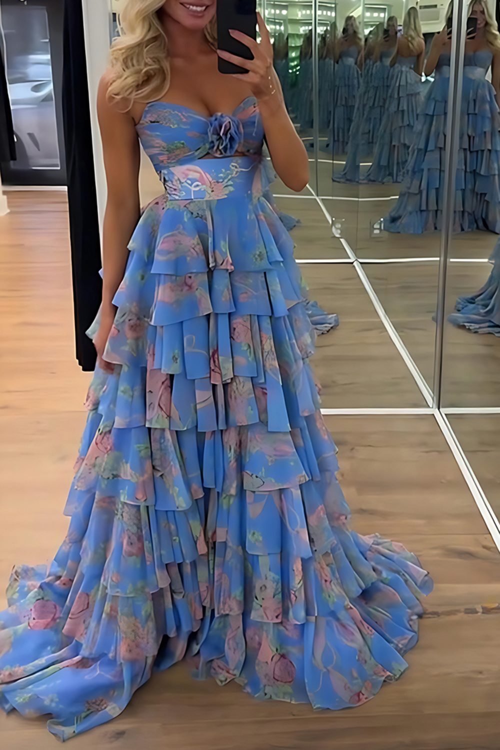 Blue Flower Ball Gown Ruffled A Line Long Prom Dress with Slit