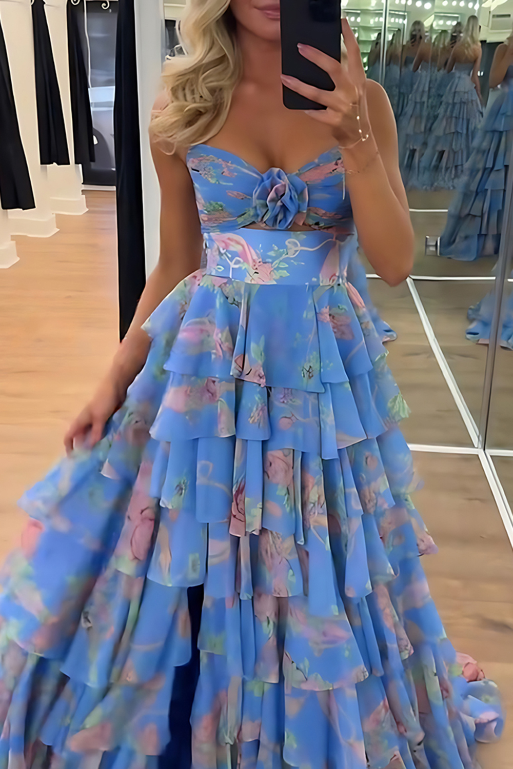 Blue Flower Ball Gown Ruffled A Line Long Prom Dress with Slit
