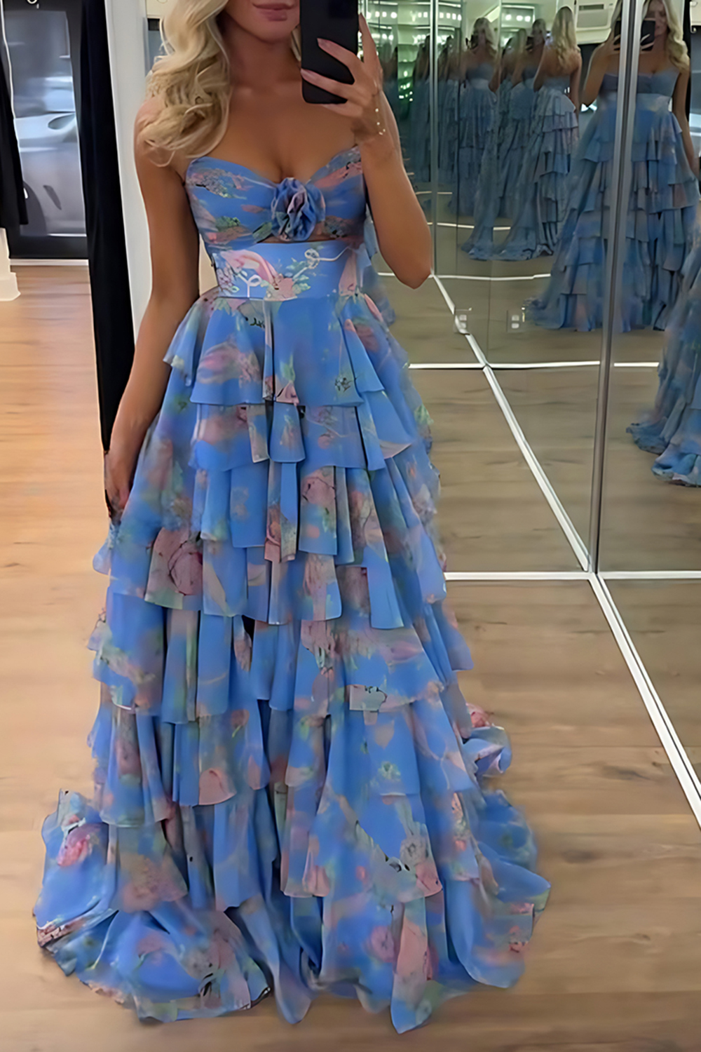 Blue Flower Ball Gown Ruffled A Line Long Prom Dress with Slit